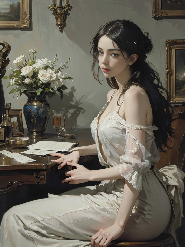 painting of woman, with influence of Jeremy Mann, Jeremy Mann, style of Jeremy Mann, Jeremy Mann painting, Jeremy Mann art, Ron Hicks, Liepke, Jeremy Mann and alphonse mucha, Works that influenced Edmund Blampid, robert lenkiewicz, Casey Baugh and James Jean, Works that influenced Willem Kalf, Nick Alm, tumbler, figurative art, Intense watercolor painting, watercolor detailed art,Beautiful and expressive paintings, Beautiful artwork illustration, wonderful, cool beauty, highest quality, official art, perfect composition,perfect angle, best shot, women only, sharp outline, melancholy, nostalgia, nostalgia,Eyes without pupils, color eye, ideal anima, In search of lost time, marcel proust, sentimental, Paris in the first half of the 20th century, montparnasse, Full body Esbian