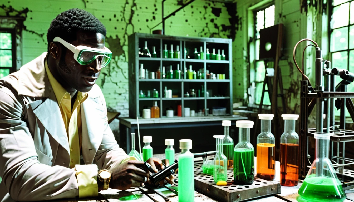 1970s photo of "Gucci Mane" dressed like a scientist while performing science experiments, he is inside of an abandoned home, gun rack in the background,
