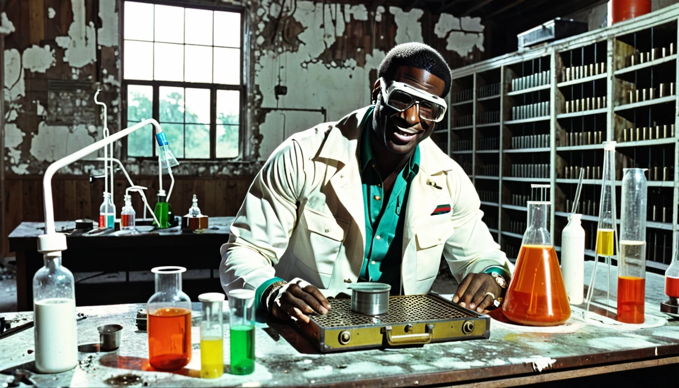 1970s photo of "Gucci Mane" dressed like a scientist while performing science experiments, he is inside of an abandoned home, gun rack in the background,