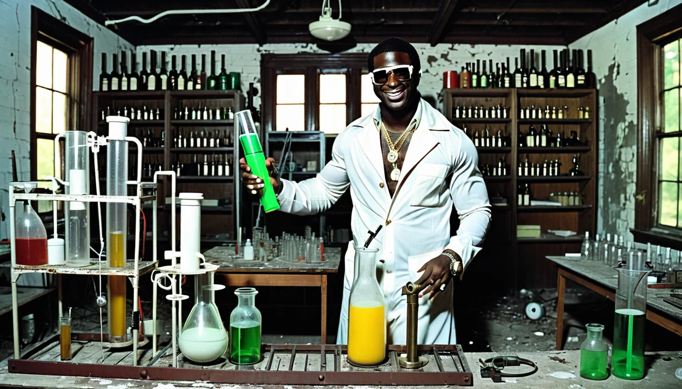 1970s photo of "Gucci Mane" dressed like a scientist while performing science experiments, he is inside of an abandoned home, gun rack in the background,