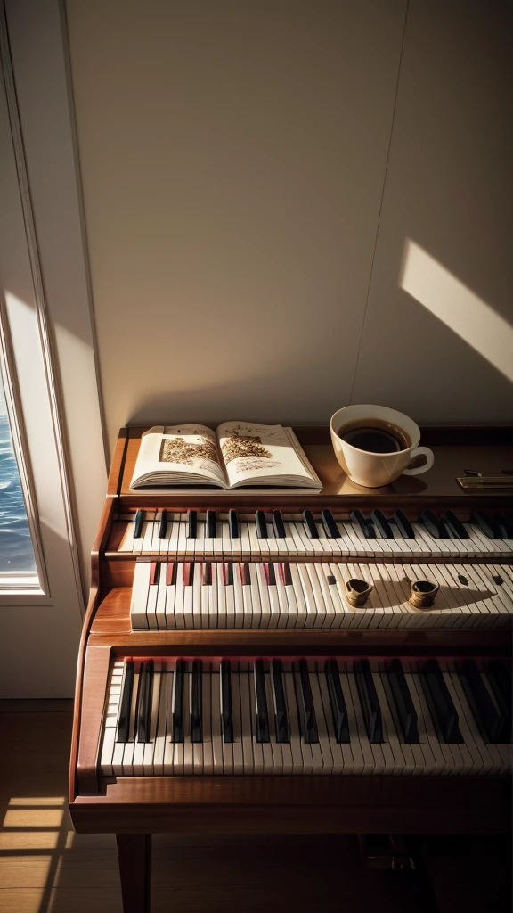 there is a small piano and a cup of coffee on the table, album art, louvar album art, costa de stephen, alternate album cover, album cover, album artwork, louvar, promo art, by Marc-Aurèle de Foy Suzor-Coté, an album cover, new album cover, coffee and musical instrument, por Silvia Pelissero