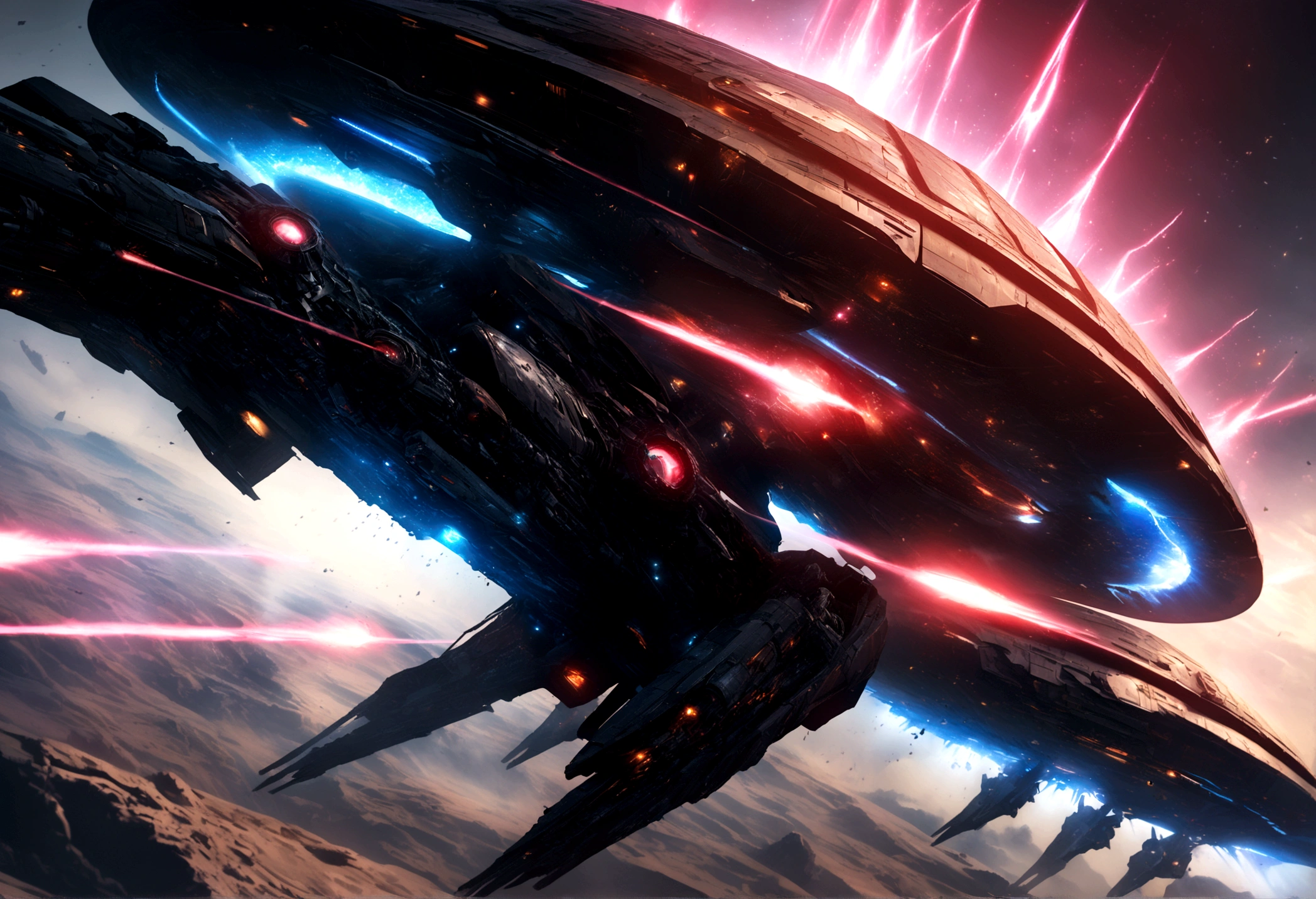 a highly detailed digital painting of a deep space battle, large futuristic spacecraft, advanced alien technology, war between multiple civilizations, super soldiers, epic space opera scene, dramatic lighting, cinematic composition, intricate mechanical details, dynamic energy effects, photorealistic, 8k, hyper detailed, concept art style