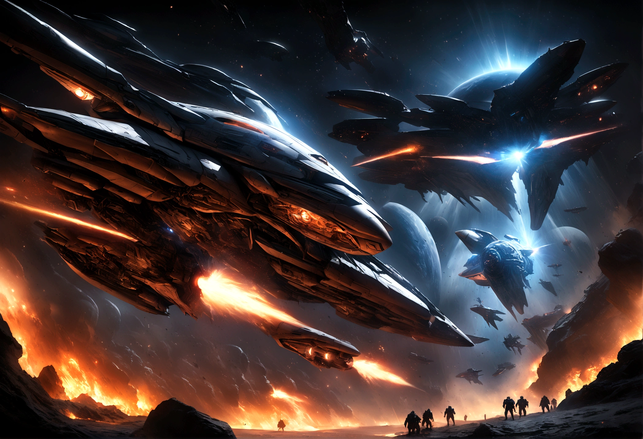 a highly detailed digital painting of a deep space battle, large futuristic spacecraft, advanced alien technology, war between multiple civilizations, super soldiers, epic space opera scene, dramatic lighting, cinematic composition, intricate mechanical details, dynamic energy effects, photorealistic, 8k, hyper detailed, concept art style