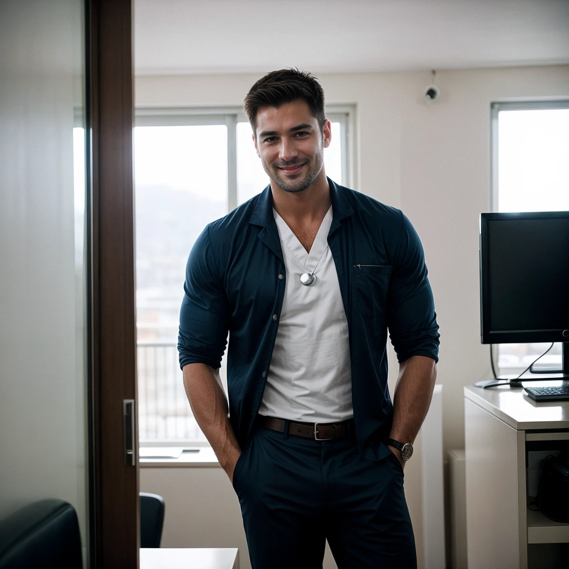 Create an image of a tall and muscular male veterinarian with a happy face, standing in a rich and luxurious clinic with money visible in the background. The vet should have one hand in his pocket, exuding a relaxed and confident demeanor. The image should be captured in a cinematic style, with dramatic lighting and a shallow depth of field to create a sense of depth and dimension