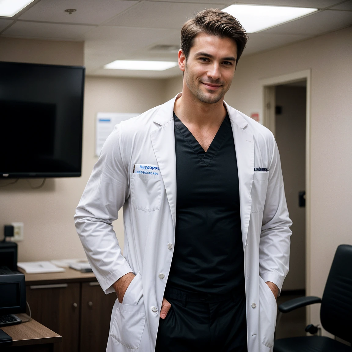 Create an image of a tall and muscular male veterinarian with a happy face, standing in a rich and luxurious clinic with money visible in the background. The vet should have one hand in his pocket, exuding a relaxed and confident demeanor. The image should be captured in a cinematic style, with dramatic lighting and a shallow depth of field to create a sense of depth and dimension