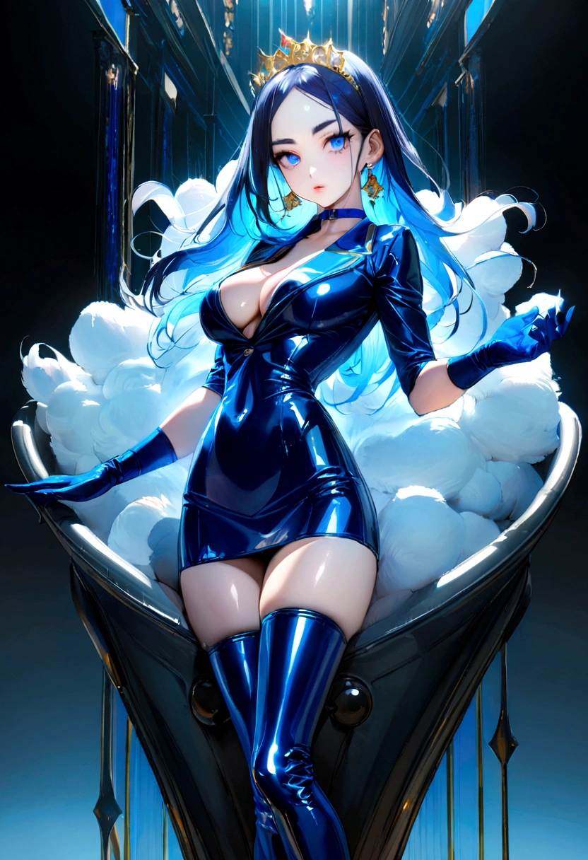 Put your arms behind your back, ((腕をTied up, Suppressed, (((rope))), Tied up)), Sleepy face, highest quality,masterpiece,Ultra-high resolution, Very detailed, 8k,(Beautiful woman),one person,40 years old, ((Sailor Mercury)), ((Blue sailor collar, Very tight and shiny uniform, Long white latex gloves,Beautiful female hand in white latex gloves,Shiny blue latex knee-high boots, Stiletto heels,Blue choker、Blue gloves on elbows, Shiny blue skirt, Gold tiara on forehead,Earrings,Luxury gold jewelry)), (Facial details, Bright Blue Eyes, Beautiful Face, Beautiful Eyes, Shining Eyes, Thin lips, Thin, sharp, pale eyebrows, Long, black eyelashes, Long and thick lower eyelashes, double eyelid, Fluffy blue hair), skinny, Large Breasts, Perfect Proportions, Narrow waist, Visible pores, Beautiful shiny dark blue hair, Perfect hands, High gloss holographic leather for a snug fit,Octane Rendering