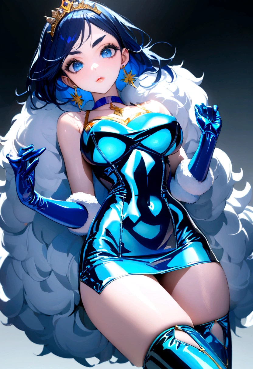Put your arms behind your back, ((腕をTied up, Suppressed, (((rope))), Tied up)), Sleepy face, highest quality,masterpiece,Ultra-high resolution, Very detailed, 8k,(Beautiful woman),one person,40 years old, ((Sailor Mercury)), ((Blue sailor collar, Very tight and shiny uniform, Long white latex gloves,Beautiful female hand in white latex gloves,Shiny blue latex knee-high boots, Stiletto heels,Blue choker、Blue gloves on elbows, Shiny blue skirt, Gold tiara on forehead,Earrings,Luxury gold jewelry)), (Facial details, Bright Blue Eyes, Beautiful Face, Beautiful Eyes, Shining Eyes, Thin lips, Thin, sharp, pale eyebrows, Long, black eyelashes, Long and thick lower eyelashes, double eyelid, Fluffy blue hair), skinny, Large Breasts, Perfect Proportions, Narrow waist, Visible pores, Beautiful shiny dark blue hair, Perfect hands, High gloss holographic leather for a snug fit,Octane Rendering