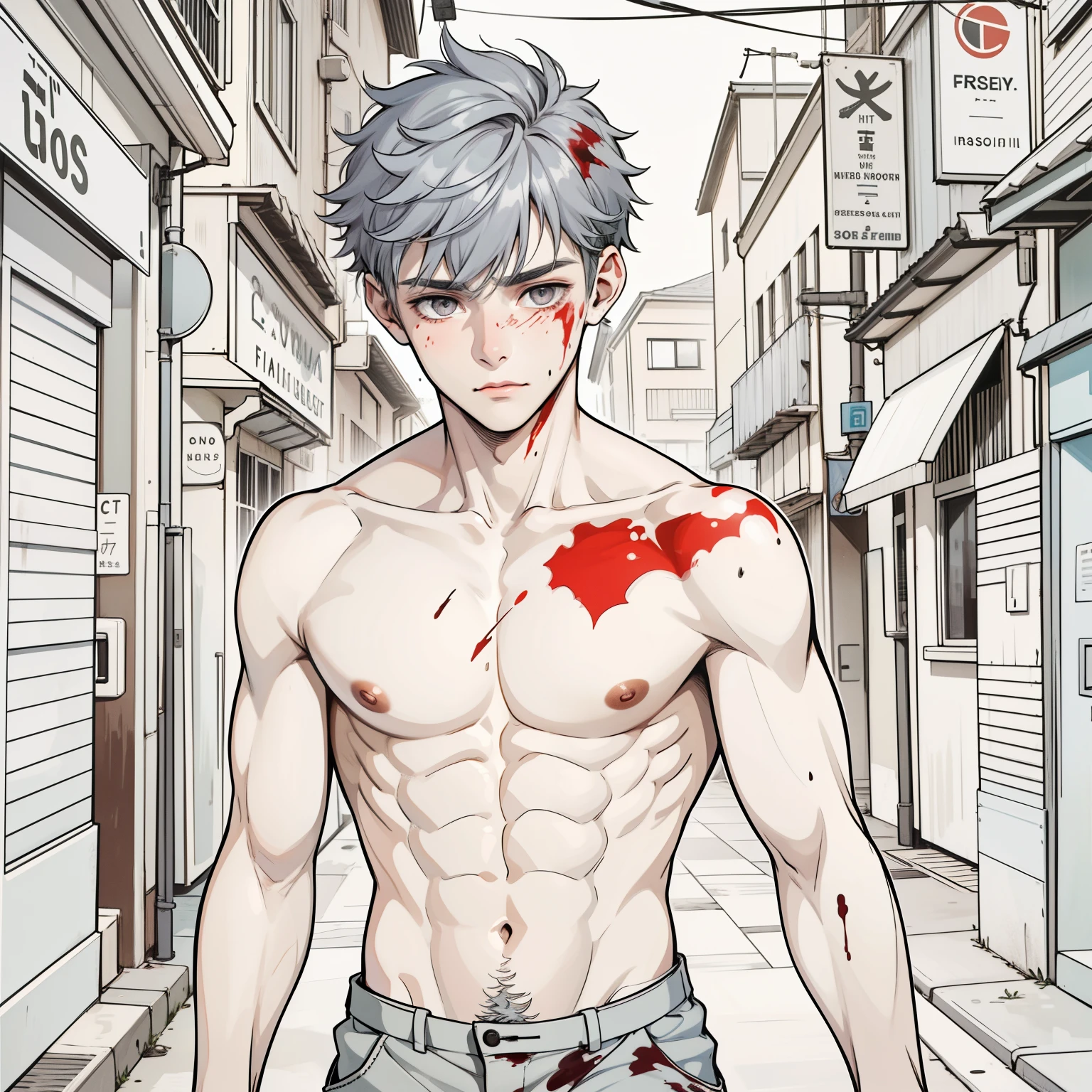 He is thin, cute, 16-year-old boy, gray eyes, gray hair, he is bleeding on his head and on his chest he has been hit. , esta nervioso asustado esta esperando ayuda pero nadie llega