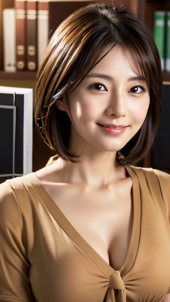 beautiful japanese woman, 30 years old, medium short length brown hair, medium sized breasts, (office lady:1.5), beautiful detailed eyes, beautiful detailed lips, extremely detailed face, small head, small areola, smiling, standing, cinematic lighting, photorealistic, 8k, high quality, hyper detailed, (rough skin:1.3), look at me,The body is front