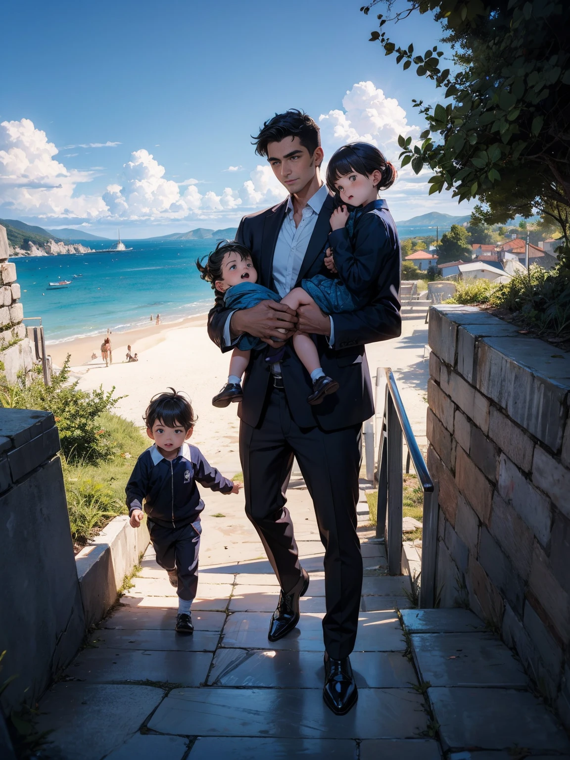 masterpiece, Highest quality, {Highest quality}, {{masterpiece}}, {High resolution}, Happy parent-child scene。The resurrected form of Emperor Constantine and the twins Crispus and Fausta.、Father and son landscape。「Pula, Croatia、Under the clear blue sky、A summer evening where a stylish modern mansion shines。As the bright sunlight envelopes the sea and the mansion、A young father in his 30s hugs his twin sons tightly and warmly on his way home from work。The father&#39;s face was filled with deep love and forgiveness.、I can see the look of relief on his face, having overcome his past mistakes.。The children have innocent, naive smiles、He buried his face in his father&#39;s shoulder and looked relieved.。Light and shadow gently intersect、A scene that creates a warm and moving atmosphere overall.。」Love。Love, forgiveness, healing and purification。Detailed and delicate。lyrical。Heartful。