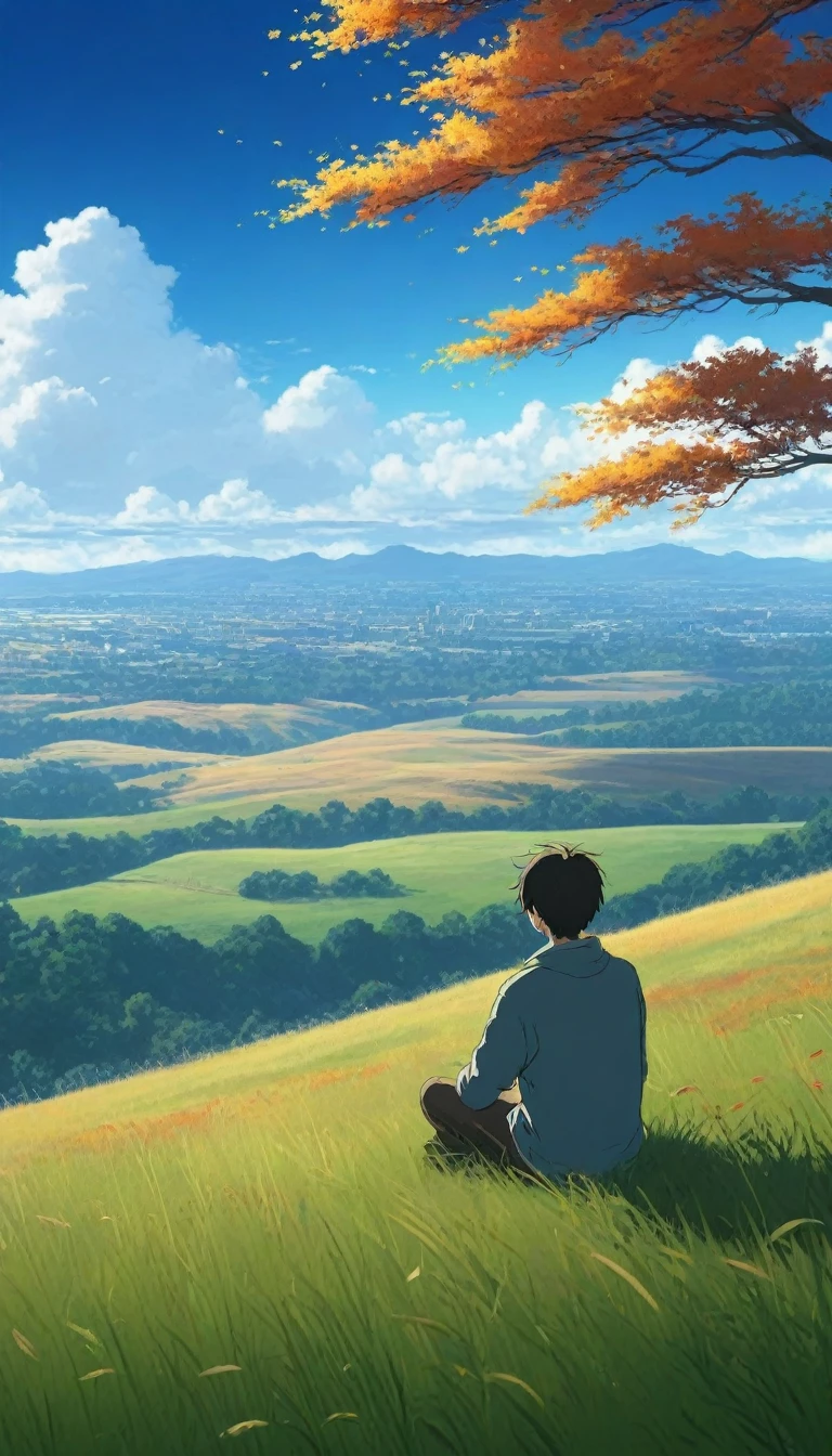 a boy sitting in an autumn meadow, viendo un vasto cielo azulcon nuvez azul oscuras, hiervas altas, cielo nublado, makoto shinkai cyril rolando, Fondo de pantalla de arte anime 4k, Fondo de pantalla de arte anime 4K, fondo animado, fondo de pantalla de arte anime 8 K, fondo animado art, Fondo De Pantalla De Paisaje De Anime, amazing wallpaper, hd wallpaper, fondo de pantalla animado 4k, fondo de pantalla animado 4k, arte de Aries Moross,arte de Bob Byerley , AshleyWoodArtAI, greg rutkowski
