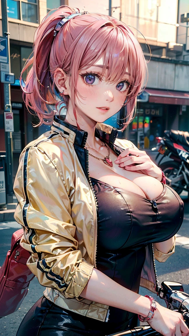 (Masterpiece, BestQuality:1.3), (ultra detailed:1.2), (hyperrealistic:1.3), (RAW photo:1.2), High detail RAW color photo, professional photograph, (Photorealistic:1.4), (realistic:1.4), professional lighting, perfect anatomy, (Big Breasts:1.2), (blush, detailed face), (cheerful Smile:1.5), Trending Hair&Trending Hairカラーをランダムに, earrings, necklace, bracelet, sexy, erotic sexy, Random sexy gravure poses, (A sexy beauty wearing a jacket、She is leaning on a motorcycle and posing sexy for a photo shoot.。Pink hair ponytail。:1.3)
