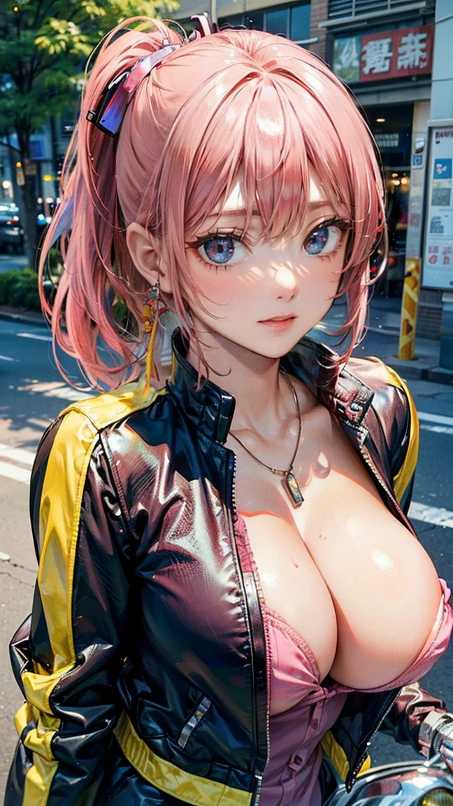 (Masterpiece, BestQuality:1.3), (ultra detailed:1.2), (hyperrealistic:1.3), (RAW photo:1.2), High detail RAW color photo, professional photograph, (Photorealistic:1.4), (realistic:1.4), professional lighting, perfect anatomy, (Big Breasts:1.2), (blush, detailed face), (cheerful Smile:1.5), Trending Hair&Trending Hairカラーをランダムに, earrings, necklace, bracelet, sexy, erotic sexy, Random sexy gravure poses, (A sexy beauty wearing a jacket、She is leaning on a motorcycle and posing sexy for a photo shoot.。Pink hair ponytail。:1.3)