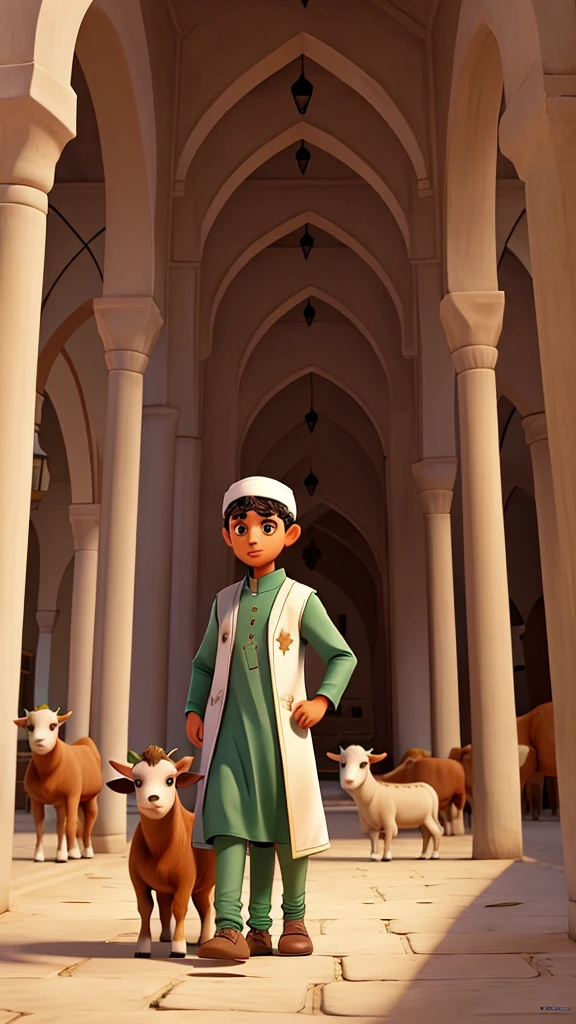 illustration of 2 young men in Muslim clothes herding goats, cows and camels in a mosque courtyard