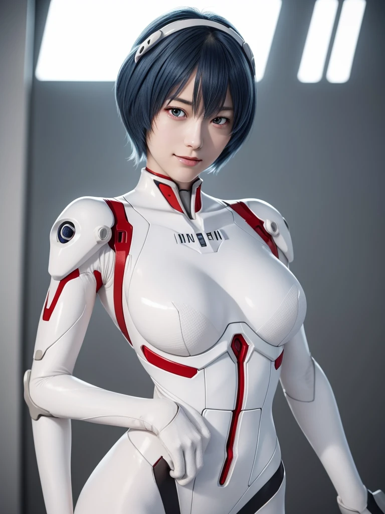 Evangelion,Rei Ayanami,Silver Blue Hair,Red eyes,Red Eyes,Plug Suit,Bodysuits,Interface Headset,白いBodysuits,Ultra HD,super high quality,masterpiece,Digital SLR,Photorealistic,Detailed details,Vivid details,Depicted in detail,A detailed face,Detailed details,Super Detail,Realistic skin texture,Anatomical basis,Perfect Anatomy,Anatomically correct hand,Anatomically correct fingers,Complex 3D rendering,Sexy pose,Rainy Sky,Beautiful scenery,Fantastic rainy sky,Picturesque,Pink Lips,