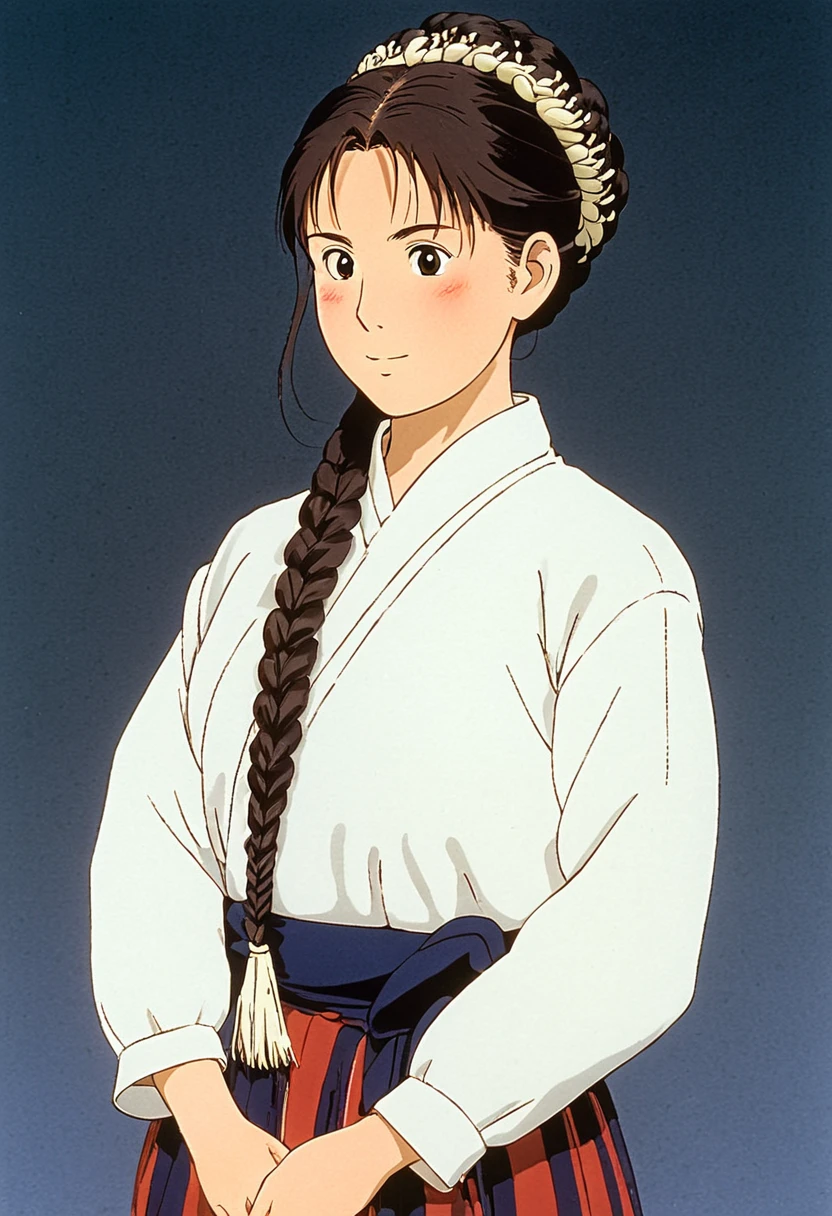 A Ghibli's studio character. who have their messy dark hair tied in a big braid. She wears traditional clothes decorated by bones