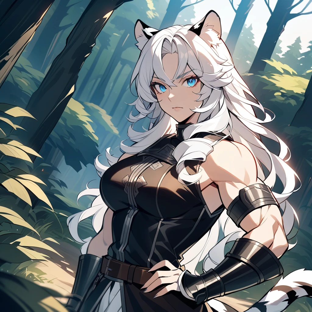 {{upper body, dutch angle}} {{Artist: ratatatat74}} 1girl, mature female, white hair, long curly hair, white tiger ears, white tiger tail, muscular, blue eyes, feline eyes, warrior, black leather vest, brown belt, outdoors, forest, standing, closed mouth, one hand on hips, looking at user pov, medieval fantasy.