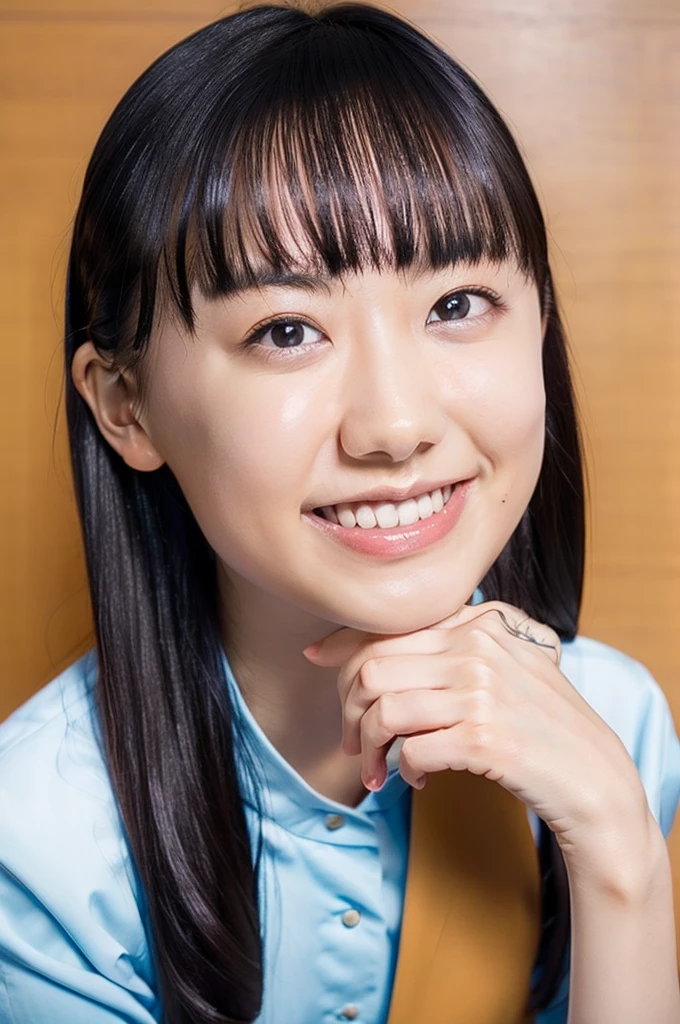 Big Laugh, upper body, (Surreal Realism), (Awareness-raising), (High resolution), (8k), (Very detailed), (The best Awareness-raisingns), (Beautiful fine details), (highest quality), (Super detailed), (masterpiece), (wallpaper), (Detailed face)、(Beautiful expression)、Side bangs、solo、((Baby Face))、(((topless)))、 (((small tits))), (((flat breast)))、((Dark blue pleated skirt))(Black knee-high socks:1.2)、Slender body、Seductive Pose:1.4、Looking into the camera、School classroom、((Place your hands on the desk))、((A look that captivates the audience:1.3))