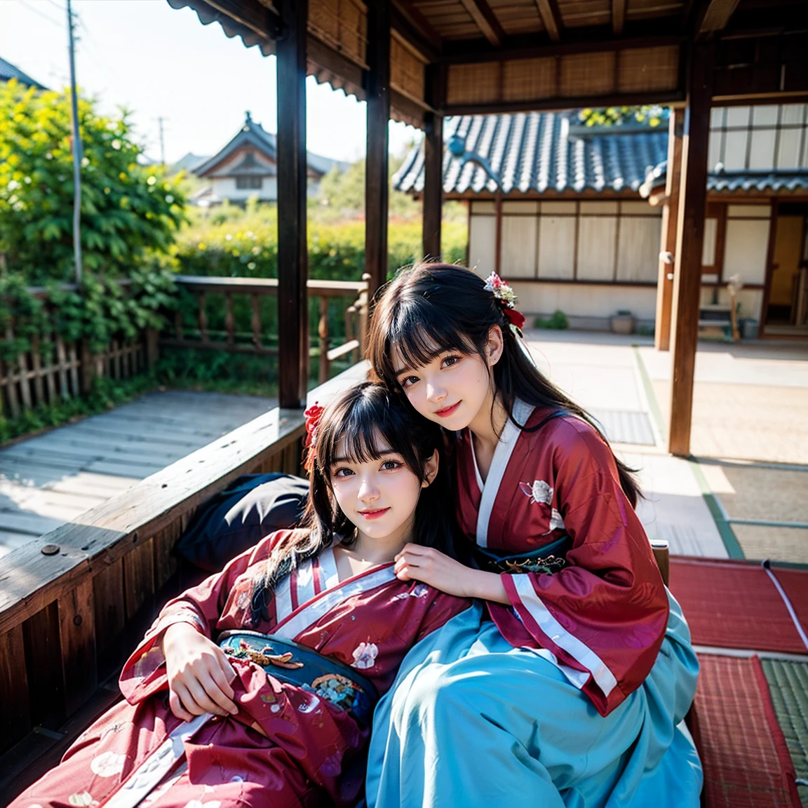 ((最high quality, 8k, masterpiece: 1.3, Ultra HD, high quality, 最high quality, High resolution, realism)) 、Beautiful Japan woman at 22 years old、Straight hair、smile、Slender body、Wear accessories on your wrist、Sitting on the balcony of a Japanese house in the countryside of Japan、(Sleeping on your back:1.6)、summer、Wind chimes are hanging from the eaves.、barefoot、fan、In front of the balcony is a courtyard.、wear a Yukata