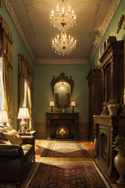 Interior, victorian Manor with reliquies, (((Nigth))), (((moonligth enters the living room))) soft pale orange palette, soft green secundary exterior ligth 