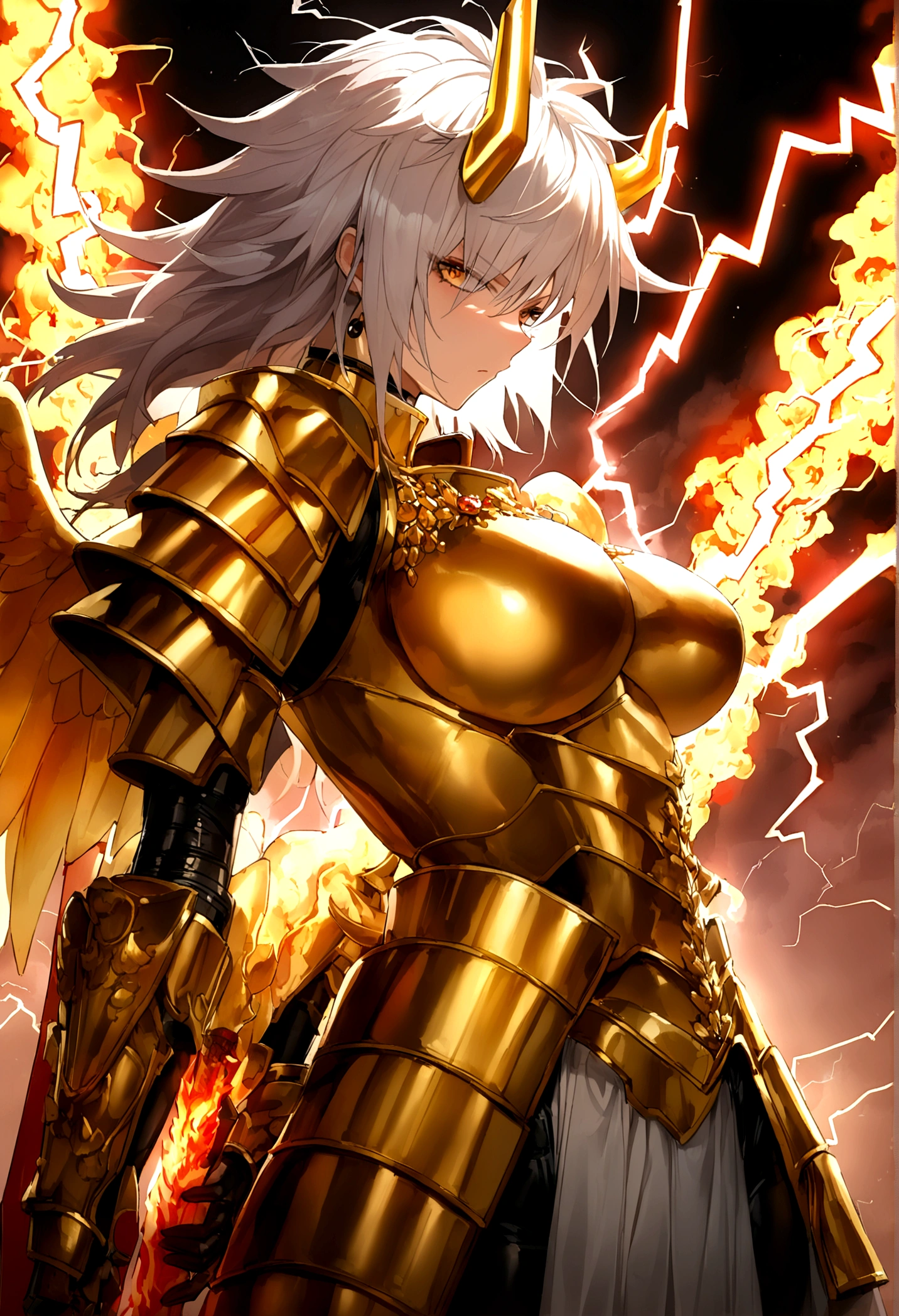 ((Lightning Power)), ((Electricity)), ((Fire Background)), ((Lightning Storm)), ((Power Erupting)), ((((android 21)))), (((Evil Power))), (((white Coat))), (((Busty))), (((((Big breast:1,3)))), luxury bustier corset, (((silver hair))), (((Very slim waist))), propotional body, ((Gorgeous)), (((Fire Blazing Horns))), ((((gold wings))), masterpiece, hyperdetail, ambient effect, digital effect, (((FIRE SWORD)), (((Lightning Sword))), (((Fire Gold Armor))), (((Lightning Gold Wings)))