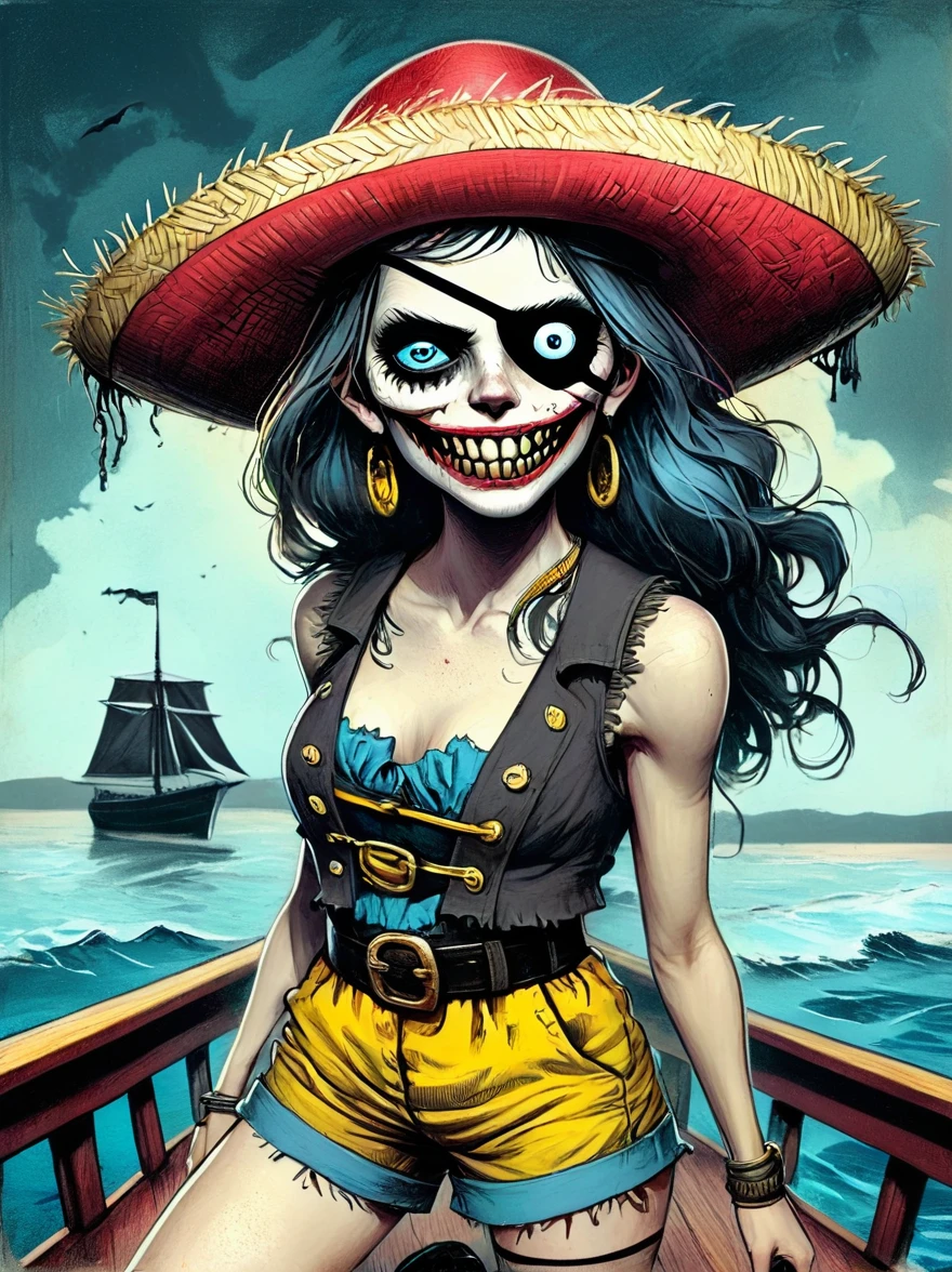 (whole body:1.3), 1 female captain, Wearing a straw hat, Black eye mask, Rich expression, gloomy, Gothic horror, illustration, Red vest, Blue shorts, Yellow belt, Black sandals, Strange, exaggerated, Caribbean Sea in the background,Boat deck,Dark theme elements, Pencil Sketch