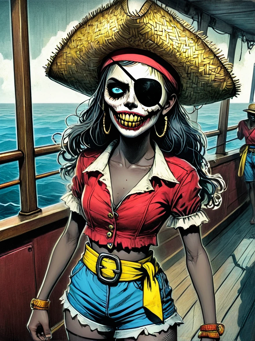 (whole body:1.3), 1 female captain, Wearing a straw hat, Black eye mask, Rich expression, gloomy, Gothic horror, illustration, Red vest, Blue shorts, Yellow belt, Black sandals, Strange, exaggerated, Caribbean Sea in the background，Boat deck，Dark theme elements, Pencil Sketch