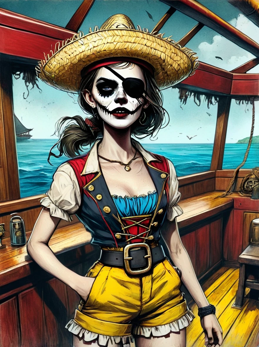 (whole body:1.3), 1 female captain, Wearing a straw hat, Black eye mask, Rich expression, gloomy, Gothic horror, illustration, Red vest, Blue shorts, Yellow belt, Black sandals, Strange, exaggerated, Caribbean Sea in the background,Boat deck,Dark theme elements, Pencil Sketch