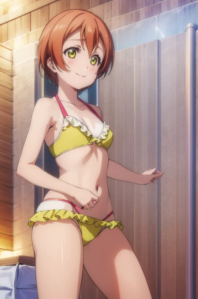 (((pixel-perfect, detail-perfect))), solo, 1girl, Rin Hoshizora, smile, sauna, bikini, flat filesize, ultra High Qality