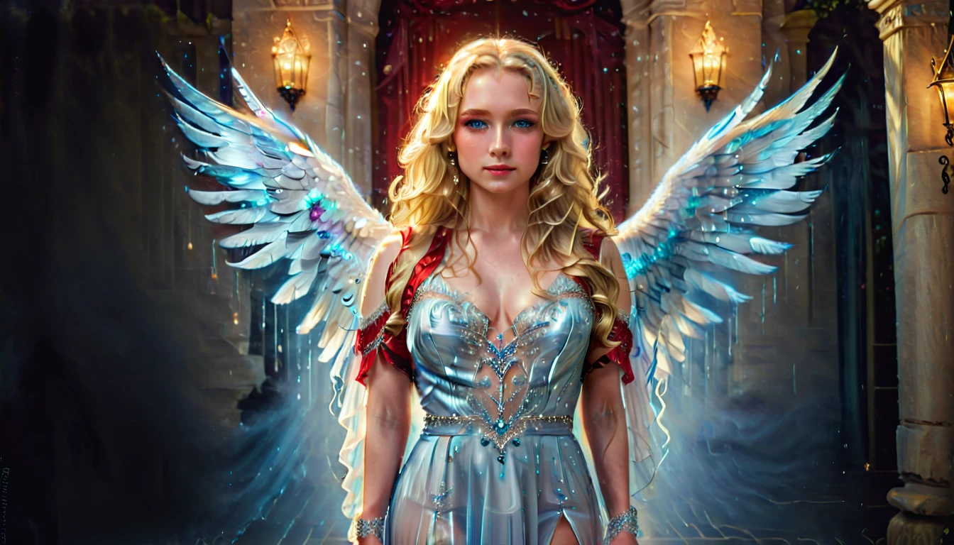 Arafed, a picture of a female angel in high society prom event, divine beautiful female angel, blond hair, long hair, flowing hair, the hair glows in a soft light, cerulean eyes, deep light eyes, divine beautiful face, folded white feather wings, she wears a red evening dress, elegant, intricate detailed dress, silk dress, she wears elegant high heeled boots, exquisite high heeled boots, she stands on the porch of a fantasy castle, dynamic angle, soft torch light, (Masterpiece: 1.5), 16k, highres, best quality, high details, ultra detailed, masterpiece, best quality, (extremely detailed), AngelStyle, GlowingRunesAI_paleblue