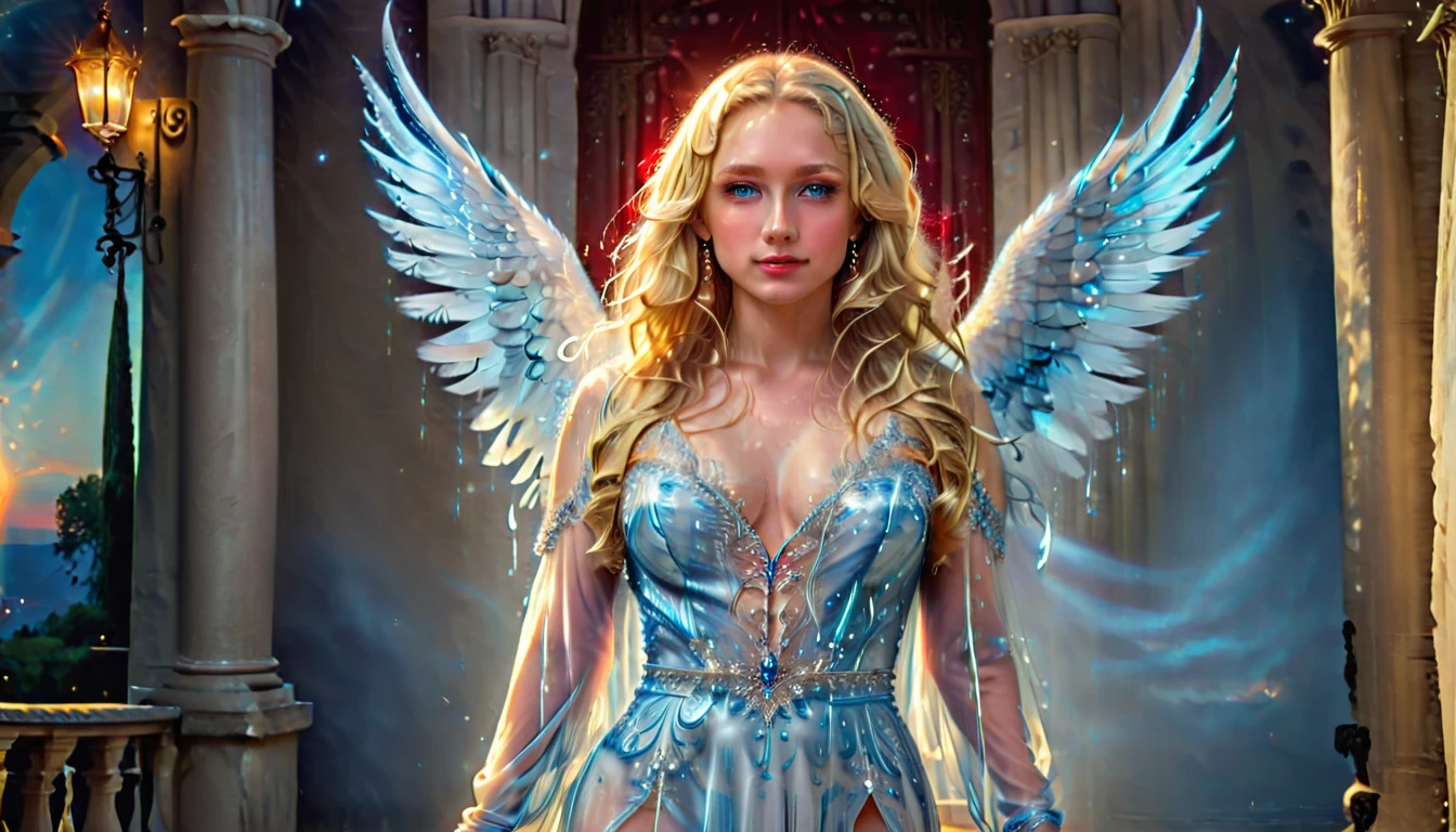 Arafed, a picture of a female angel in high society prom event, divine beautiful female angel, blond hair, long hair, flowing hair, the hair glows in a soft light, cerulean eyes, deep light eyes, divine beautiful face, folded white feather wings, she wears a red evening dress, elegant, intricate detailed dress, silk dress, she wears elegant high heeled boots, exquisite high heeled boots, she stands on the porch of a fantasy castle, dynamic angle, soft torch light, (Masterpiece: 1.5), 16k, highres, best quality, high details, ultra detailed, masterpiece, best quality, (extremely detailed), AngelStyle, GlowingRunesAI_paleblue
