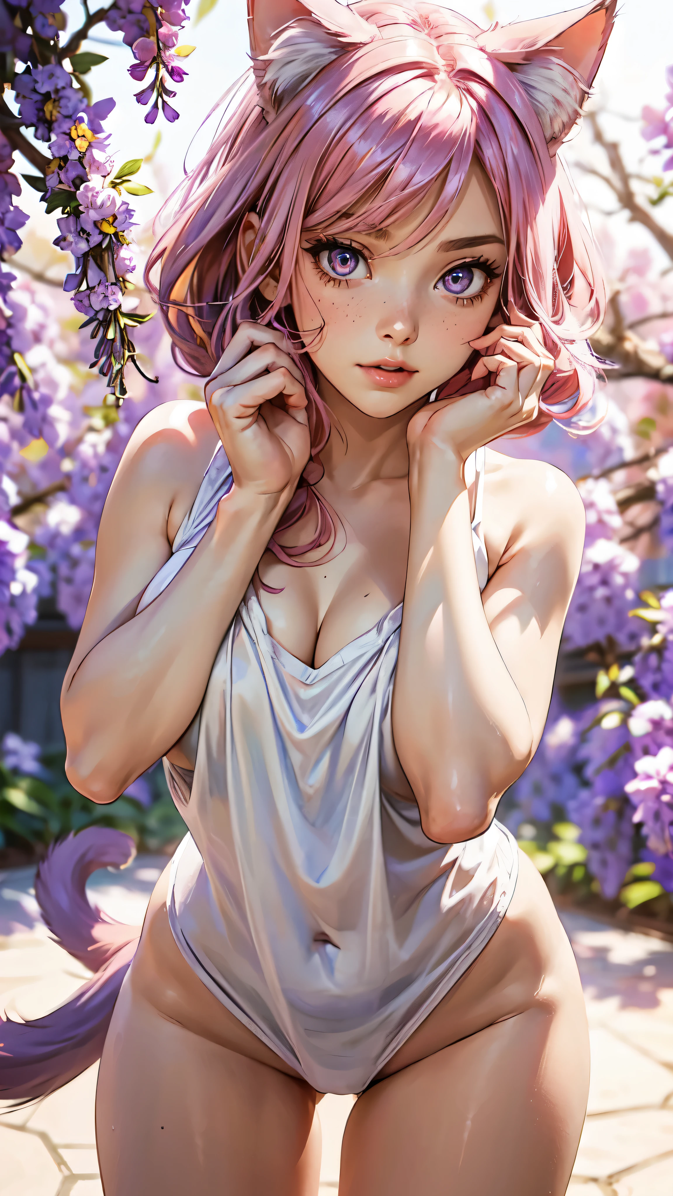 1girl, solo, Cute girl with pink hair, pink eyes, Wisteria flower background, soft natural lighting, cat ears, white sleeveless shirt,hotny sexy cat girl, with pink hair, pink cat ears, sexy pose, half naked, sexy milky pose, horny, detailed eyes, detailed hands, detailed face, Spleat milk, all over is milk, cat milk , hands are down, sexy pose, mill everywhere, spreading all over, drops of milk everywhere, detailed hands

