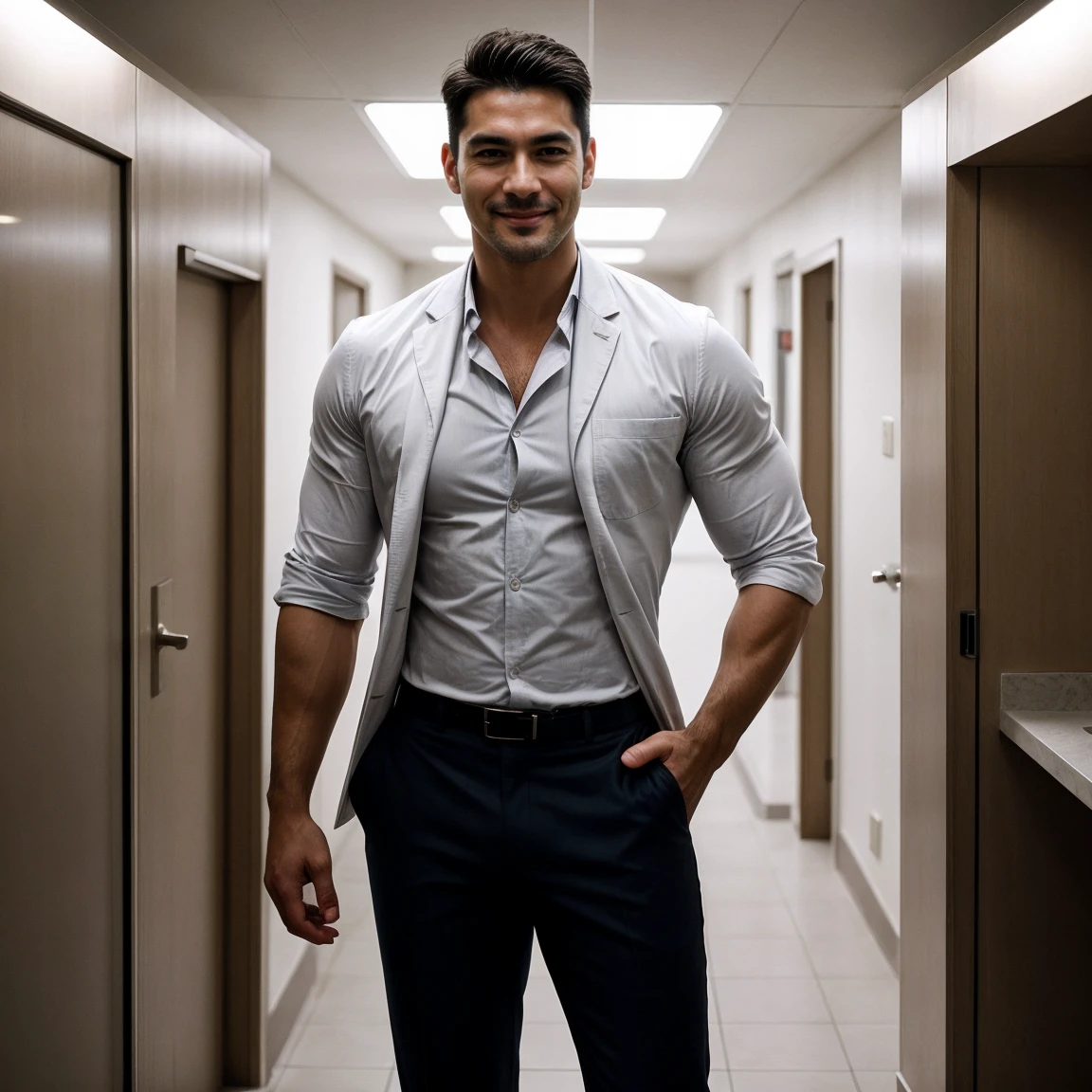 Create an image of a tall and muscular male veterinarian with a happy face, standing in a rich and luxurious clinic with money visible in the background. The vet should have one hand in his pocket, exuding a relaxed and confident demeanor. The image should be captured in a cinematic style, with dramatic lighting and a shallow depth of field to create a sense of depth and dimension, muscular huge body man, slightly unshaved