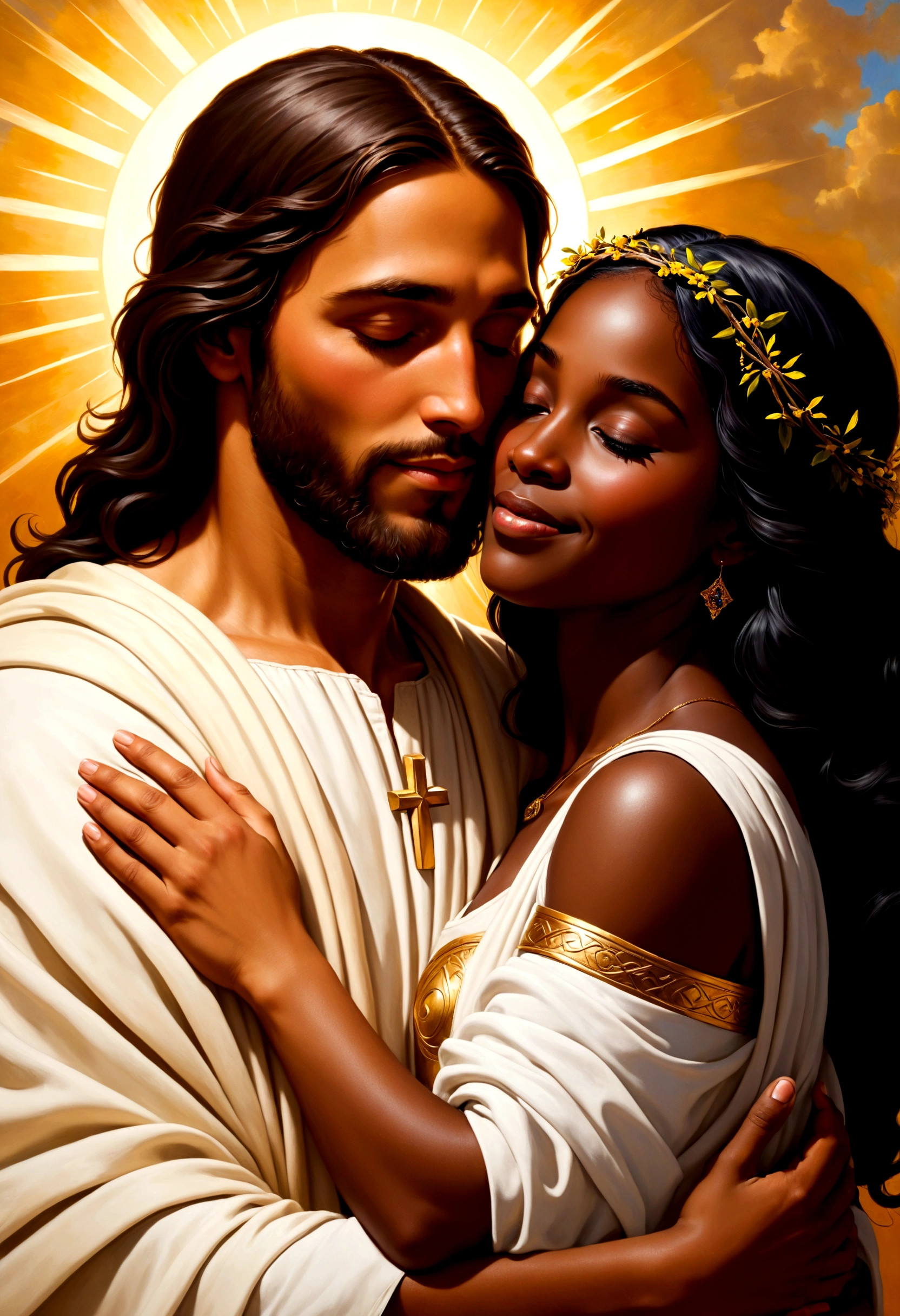 Um Jesus radiante, rodeado por uma aura divina, tenderly embraces a young black woman, portraying a feeling of love and acceptance. This moving moment is depicted in a beautifully detailed painting, where rich colors and complex brushstrokes bring the scene to life. The young woman's eyes reflect a mixture of admiration and gratitude, while Jesus' gentle smile exudes compassion and warmth. The overall composition exudes a sense of spiritual connection and emotional depth, tornando-a uma imagem verdadeiramente inspiradora.