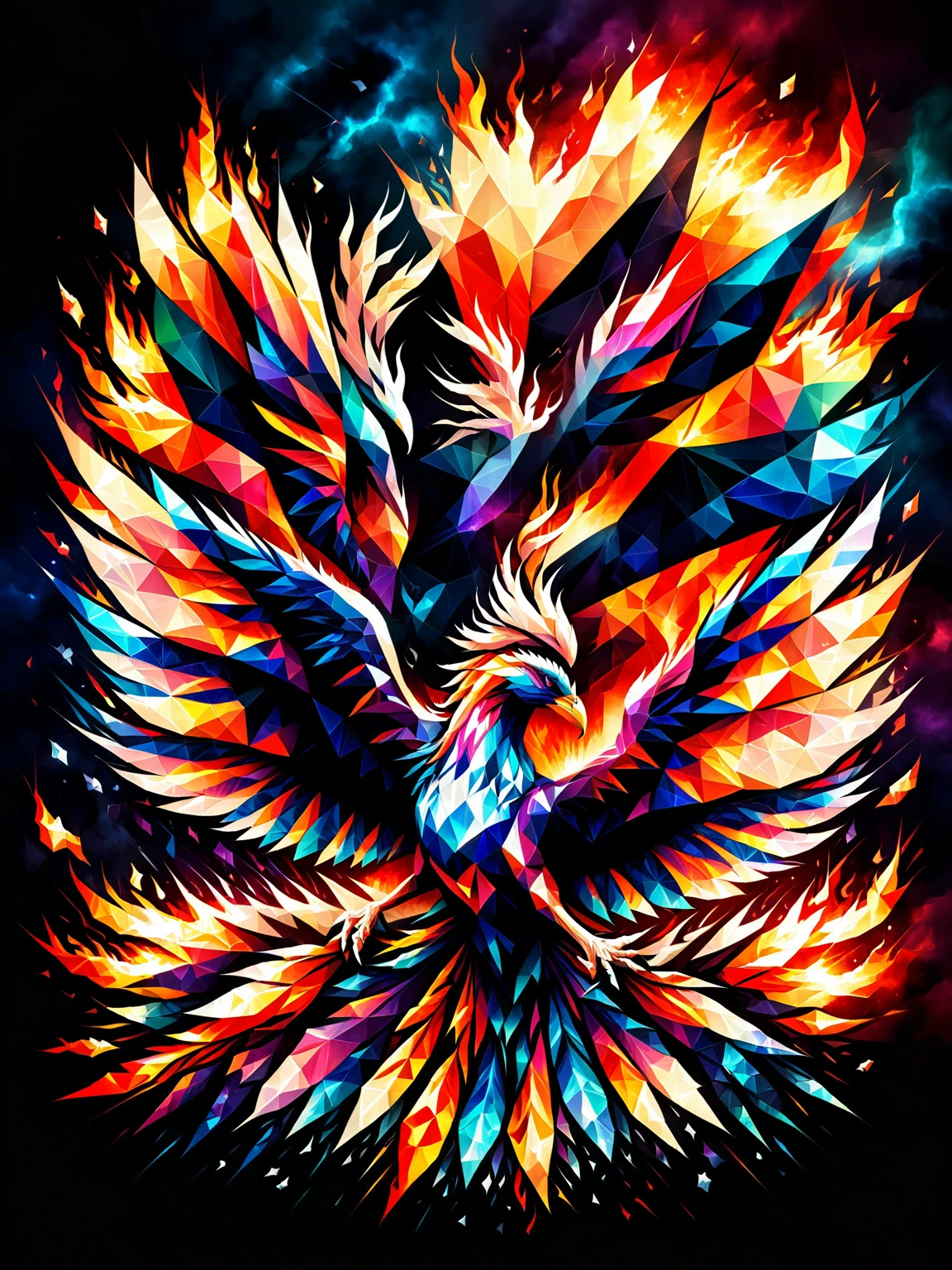 A ral-polygon phoenix rising from ashes, its flames rendered in vibrant, crystalline shapes against a dark, nebulous background, symbolizing rebirth and transformation , fly in the red sky under a black rain