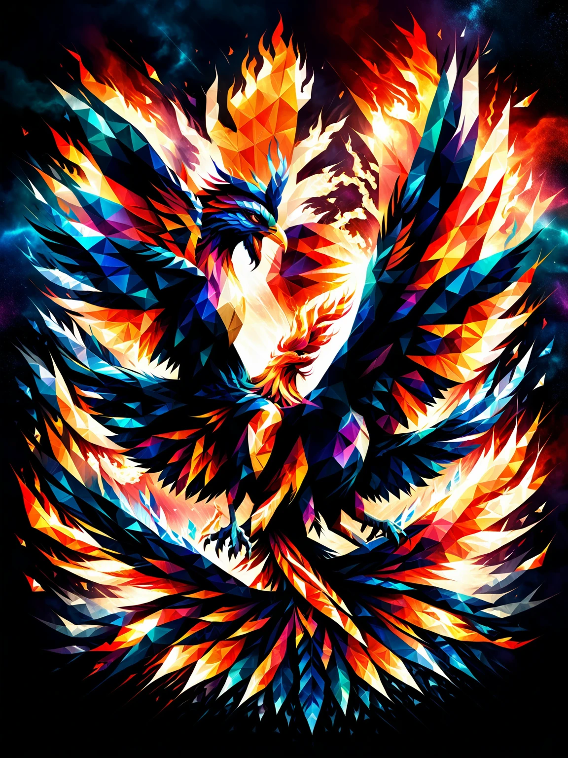 A ral-polygon phoenix rising from ashes, its flames rendered in vibrant, crystalline shapes against a dark, nebulous background, symbolizing rebirth and transformation , fly in the red sky under a black rain