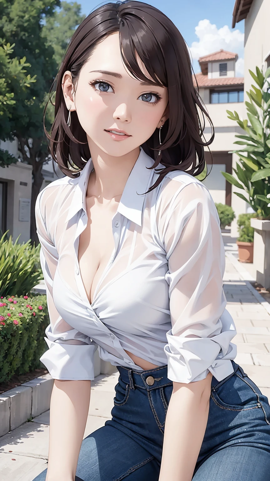Girl in summer clothes, White blouse, Tight check pattern, As if I wanted to kiss you, (Girl crouching and looking at the camera), Medium chest, Cleavage, Random Background, Sexy expression, ((Very detailed)), (Perfectly detailed face), (Detailed and well-drawn hand) Photorealistic images.