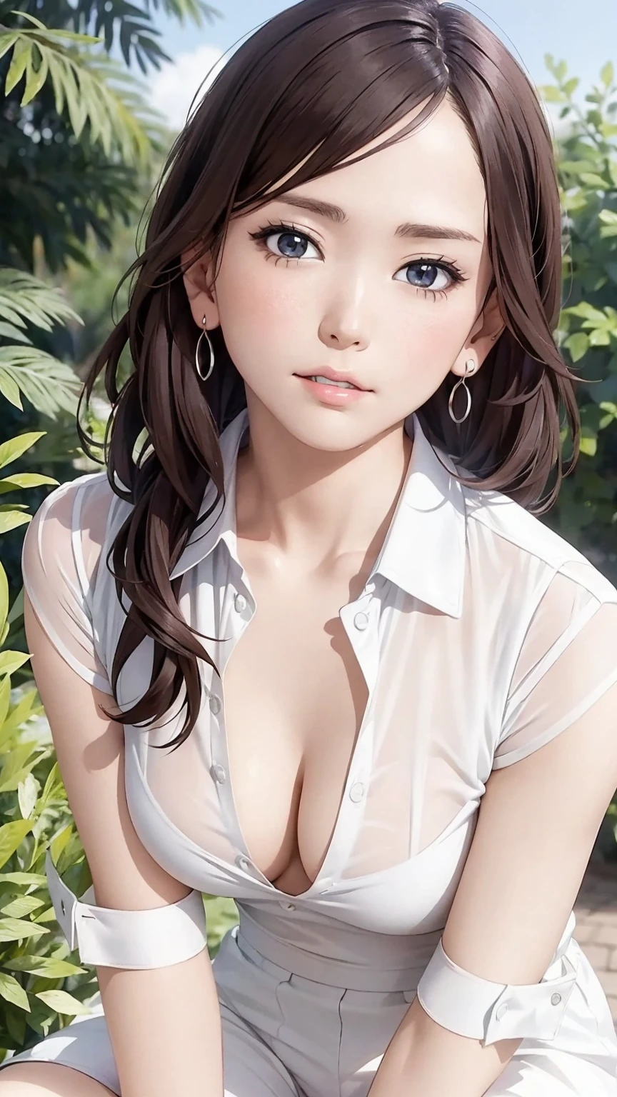 Girl in summer clothes, White blouse, Tight check pattern, As if I wanted to kiss you, (Girl crouching and looking at the camera), Medium chest, Cleavage, Random Background, Sexy expression, ((Very detailed)), (Perfectly detailed face), (Detailed and well-drawn hand) Photorealistic images.