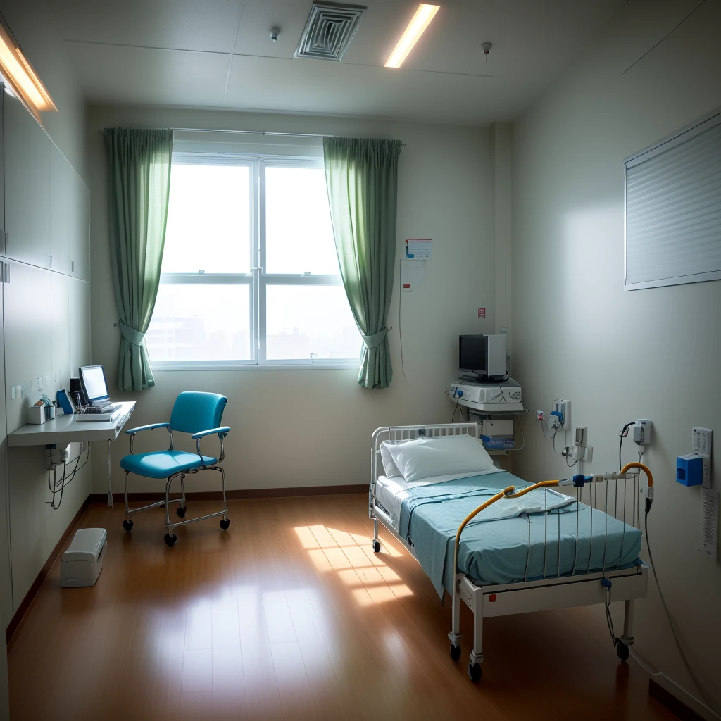 there is a Hospital room with a drip line and a window, Intravenous drip, with an Intravenous drip, surgical intravenous infusion bag, surgical Intravenous drip, Intravenous drip, intravenous pole, urine collection bag, OTS lens, Hospital lighting, Medical lighting, asepsis background, Hospital, asepsis, With backlight, asepsis minimalistic room, Clean medical environment