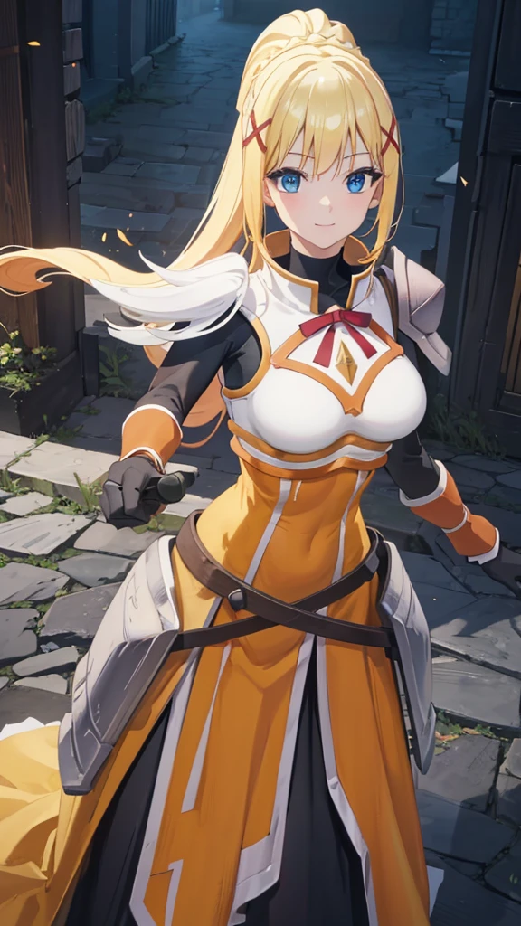 masterpiece, best quality, high resolution, unity 8k wallpaper, (illustration:1.1), ultra-detailed face, extremely detailed CG,
perfect anatomy, nice hands, perfect hands, 
darkness, 
darkness \(konosuba\), 
1girl, 
long hair, ponytail,  x hair ornament, 
blonde hair, 
(blue eyes:1.2), (beautiful detailed eyes:1.5), 
looking at viewer, 

smile, 
armor, pauldrons, shoulder armor, long skirt,
(large breasts),

black gloves, 
cowboy shot, 
dynamic pose, 
shoot from above,
perfect lighting,
background of outdoor, city,