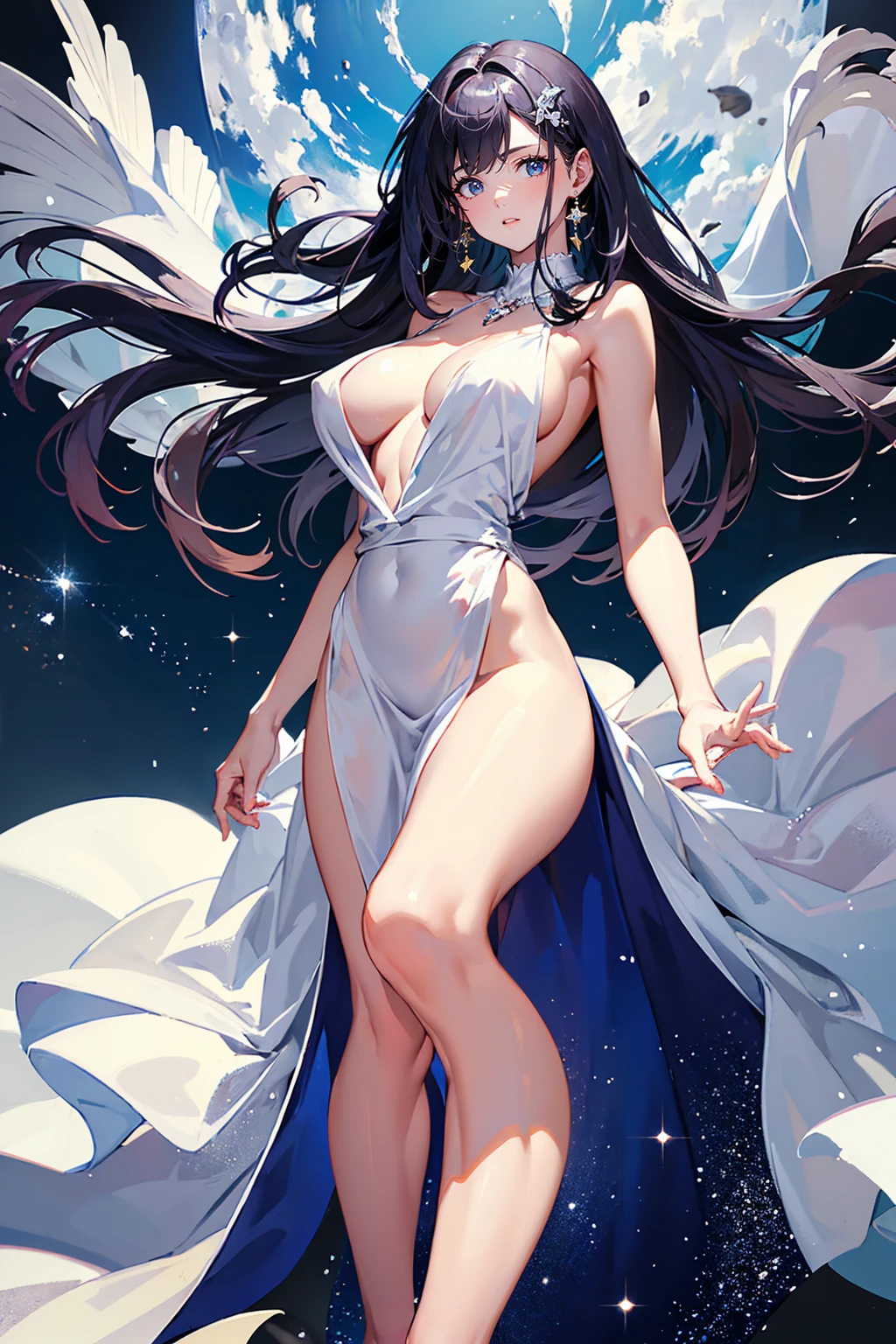 , ((perfect body))perfect hand, perfect leg,((super detailed skin))((glistening skin))(gleaming skin)sweat(ultra-detailed)(high resolution)(extremely detailed CG)perfect body, perfect finger, (super detailed skin)) ((glistening skin)) (gleaming skin) ((bare top)) ((bare bottom))) large breasts, mature woman, white apron, under bare apron, side back shot, wide hip , cowboy shot, beautiful face