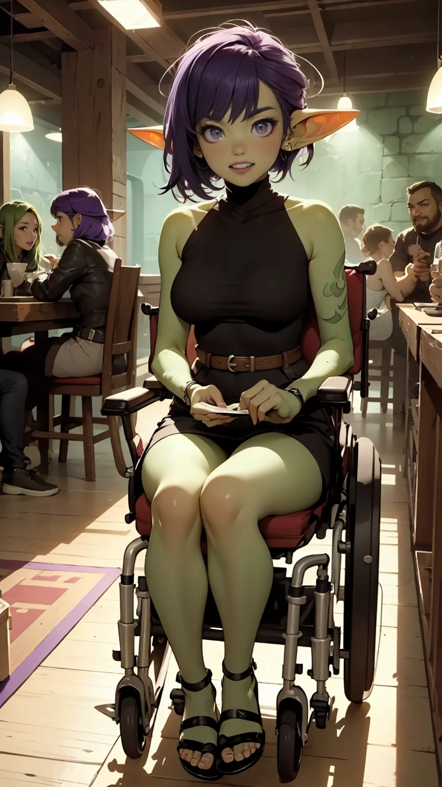 ((best quality)), ((masterpiece)), (detailed), goblin girl, (green skin), purple hair, sitting in wheelchair, playing dungeons and dragons with friends, excited, cheering, having fun