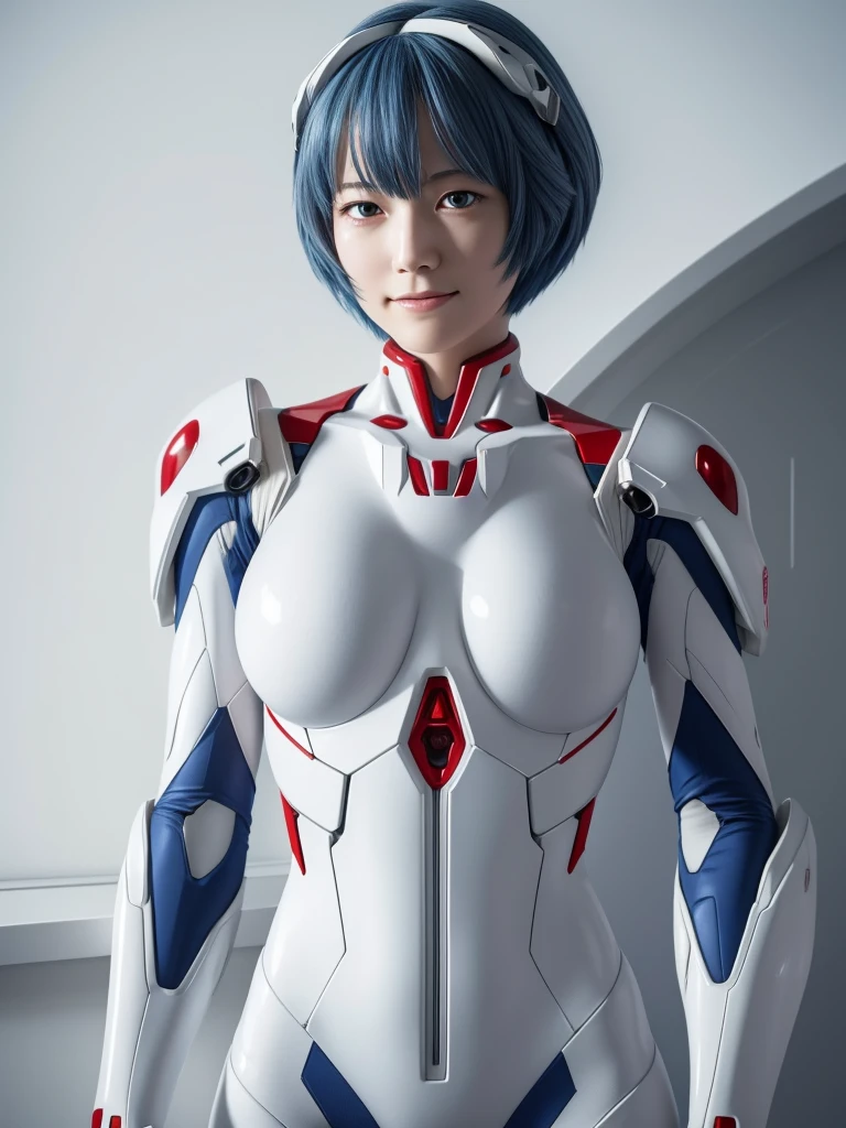 Rei Ayanami, recognized by her short blue hair and red eyes, her hands perfectly portrayed in a highly detailed. Her Plug Suit, a white bodysuit, is intricately designed and beautifully detailed, showcasing anatomical perfection. The suit, though broken, retains its pristine quality, making for an 8K wallpaper of unparalleled beauty and attention to detail, featuring Rei Ayanami's highly detailed face under perfect lighting. Her headgear adds an air of mystery to this, (Photorealistic:1.4), Japanese, (Beautiful:1.1), (One Woman:1.5),smile:1.5、classroom