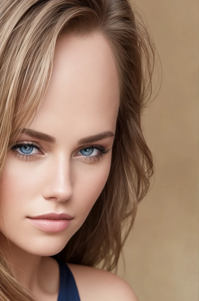 A photographic headshot of a beautiful 28-year-old woman, looking directly at the camera, confident expression, minimalistic makeup, piercing blue eyes, sleek hair, in front of a blurred natural landscape background. Golden hour lighting, warm tones, hd quality, vivid style, Nikon D850, 50mm lens, f/1.8, modern portrait photography, high definition, studio-quality sharpness, photorealistic --ar 2:3 --v 6.0