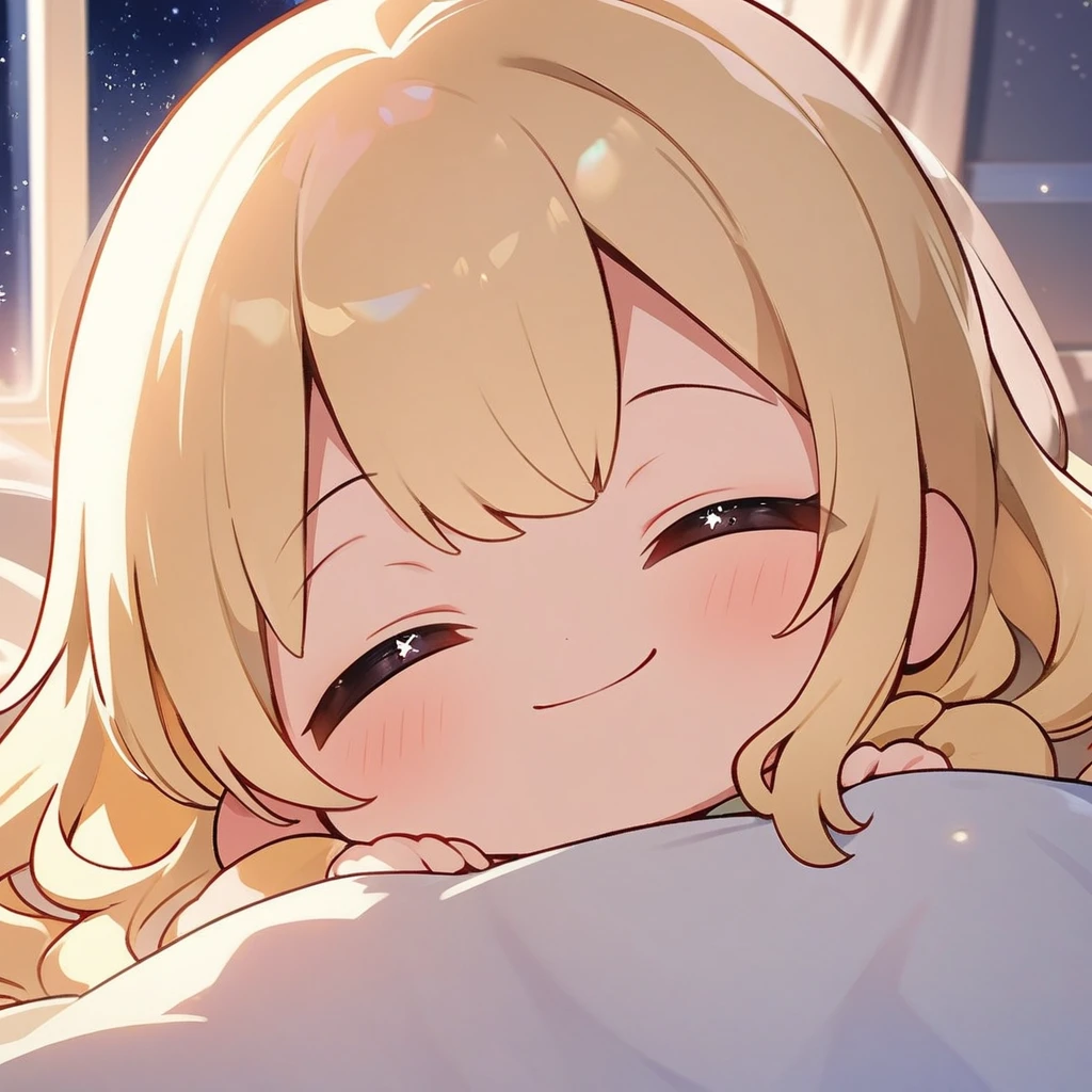 masterpiece、Highest quality、Depth of subject、２D illustration、1 beautiful girl、solo, (((chibi style)))、cute chibi, lovely chibi, ((night)), ((window)), ((starry sky)), Long, beautiful hair、shiny blonde hair、cute、Beautifully detailed eyes、((blanket))、((colorful))、Camisole dress、((happy smile))、sleeping on bed, ((close up shot))、((Asleep in bed)), ((in the room))、((There&#39;s a lot of pink around))、((closed eyes))、Thighs、((vivid color))、sparkle、((Lens flare))、