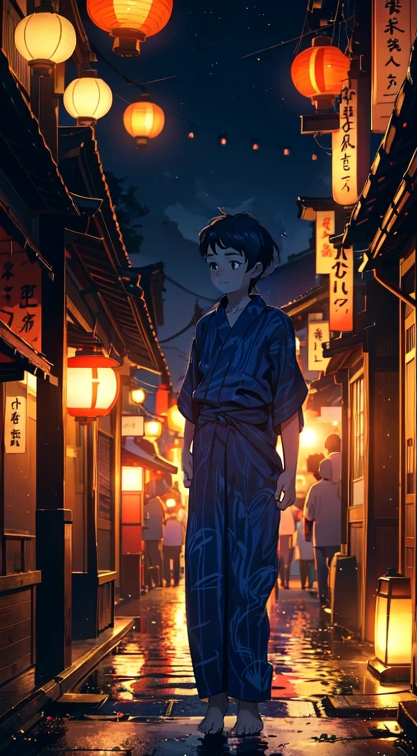 A little boy wearing a navy blue yukata