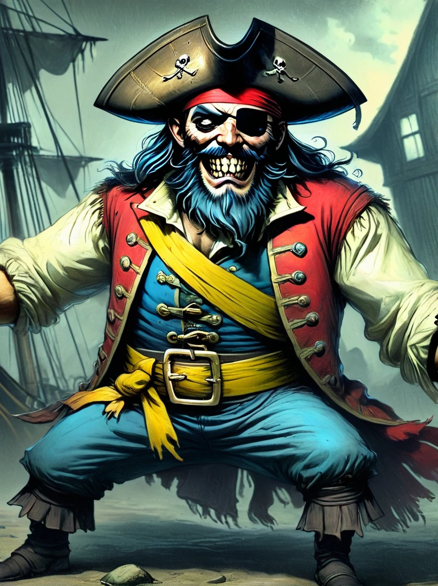 A Pirate Captain with a straw hat who has wide joyous eyes and over-expressive facial features. He is surrounded by a gloomy and Gothic atmosphere typical of late 19th century illustrations. The character possesses monstrous strength and has an ability to stretch his limbs to extraordinary lengths. His attire consists of a red vest, blue shorts with a yellow sash, and black sandals. The style is reminiscent of eerie expressiveness, exaggerated proportions, and dark thematic elements, using pencil, 1xehd1