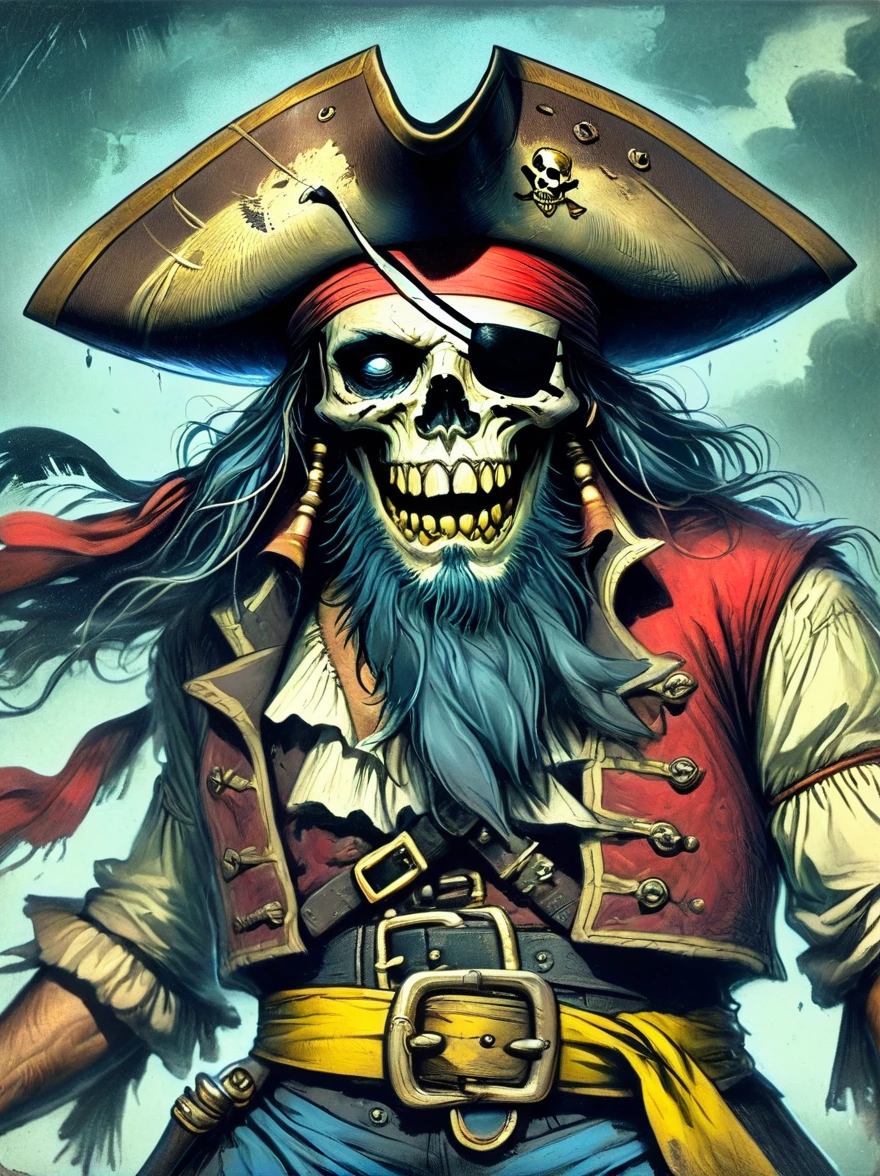 A Pirate Captain with a straw hat who has wide joyous eyes and over-expressive facial features. He is surrounded by a gloomy and Gothic atmosphere typical of late 19th century illustrations. The character possesses monstrous strength and has an ability to stretch his limbs to extraordinary lengths. His attire consists of a red vest, blue shorts with a yellow sash, and black sandals. The style is reminiscent of eerie expressiveness, exaggerated proportions, and dark thematic elements, using pencil, 1xehd1