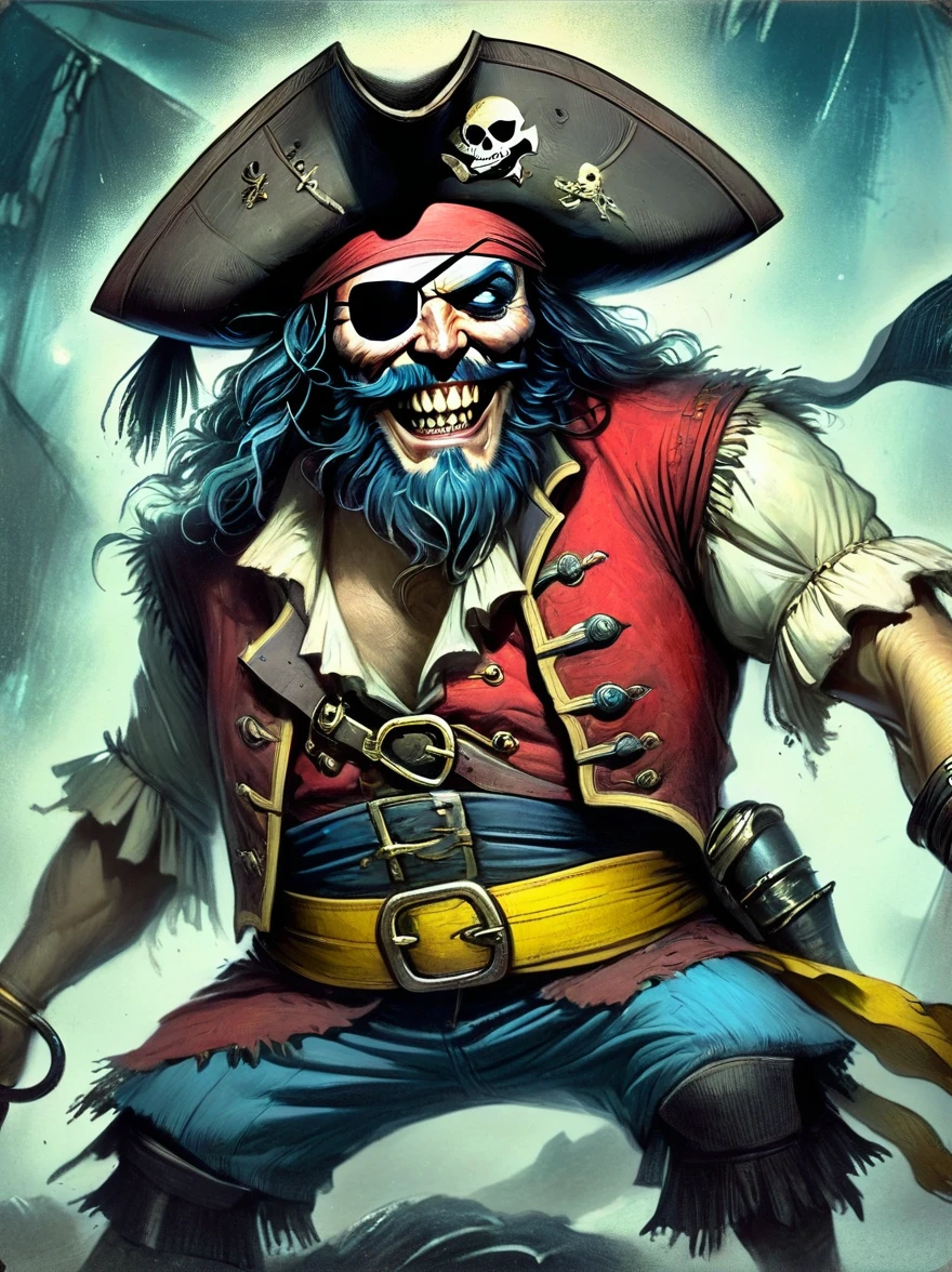 A Pirate Captain with a straw hat who has wide joyous eyes and over-expressive facial features. He is surrounded by a gloomy and Gothic atmosphere typical of late 19th century illustrations. The character possesses monstrous strength and has an ability to stretch his limbs to extraordinary lengths. His attire consists of a red vest, blue shorts with a yellow sash, and black sandals. The style is reminiscent of eerie expressiveness, exaggerated proportions, and dark thematic elements, using pencil, 1xehd1