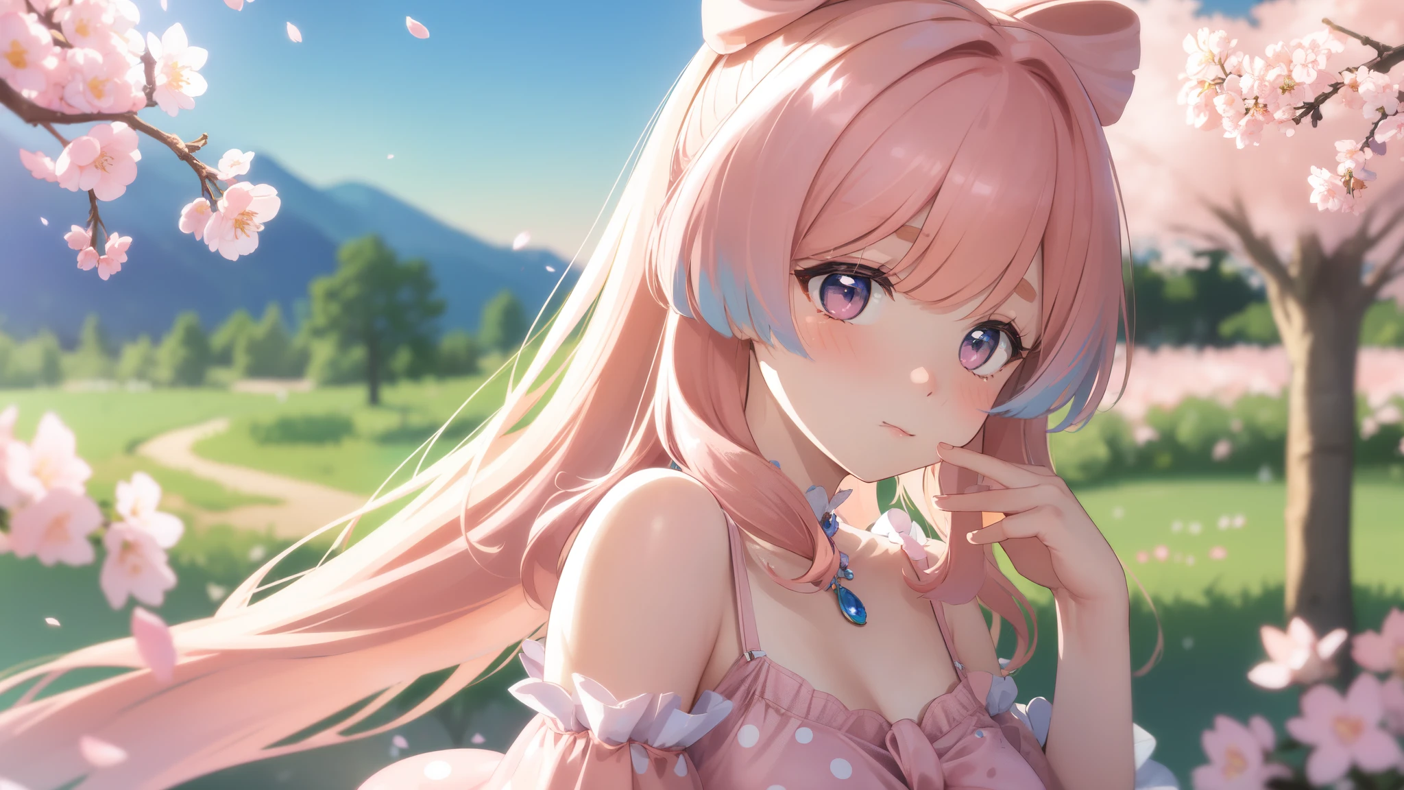 masterpiece, best quality, ultra detailed, 1 girl, solo, extremely detailed, amazing, fine detail, highly detailed woman, (extremely detailed eyes and face), solo_focus, ((pink polka dot chemise)), medium breast, multicolored hair, blush, shy, standing, cherry blossom field, sunset, depth of field, morning light, from side, dreamy expression,
